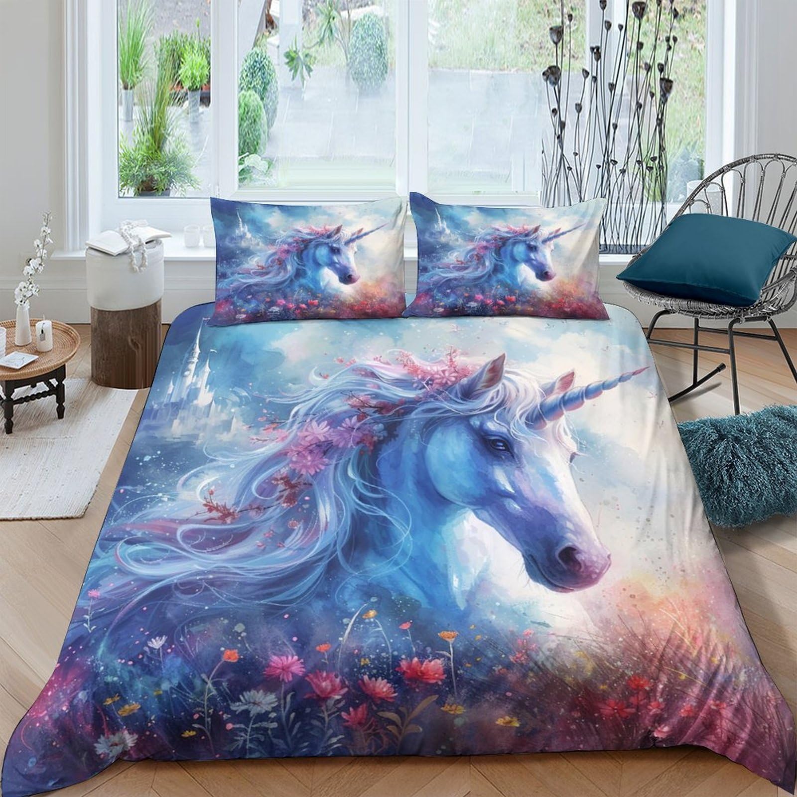 Ctjqhvkz Style-3 3D Printed Fantasy Unicorn Fitted Sheet Microfiber Soft Breathable Dreamy Blue Pink Mattress Cover For Bedroom Decor Single（135X200cm）