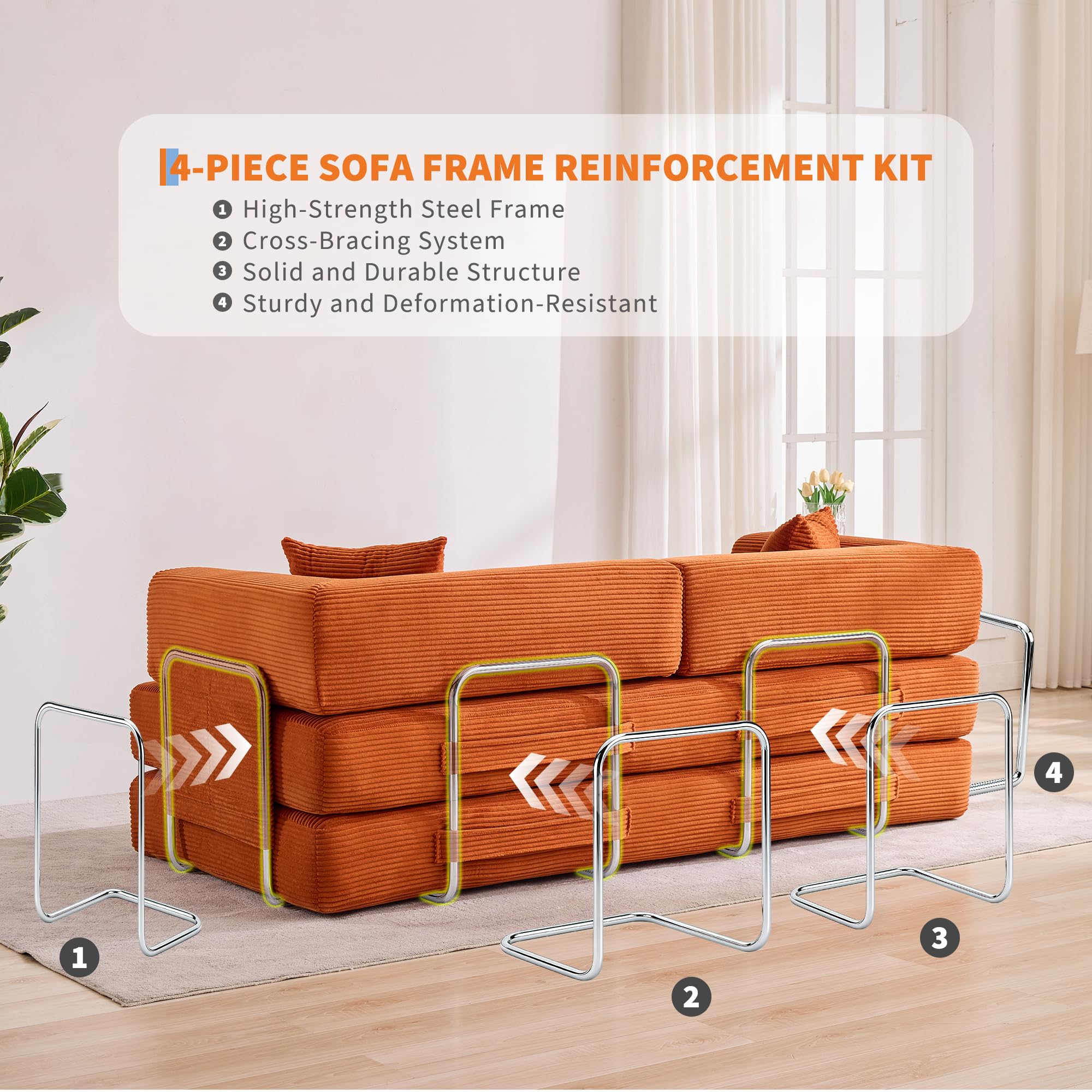 Garvee 5-in-1 Convertible Sofa Bed, 78.8" Modular Corduroy Sleeper with Sturdy Frame & No Assembly, Multi-Functional Futon for Small Space, Living Room & Guest Room (Green) (Orange)