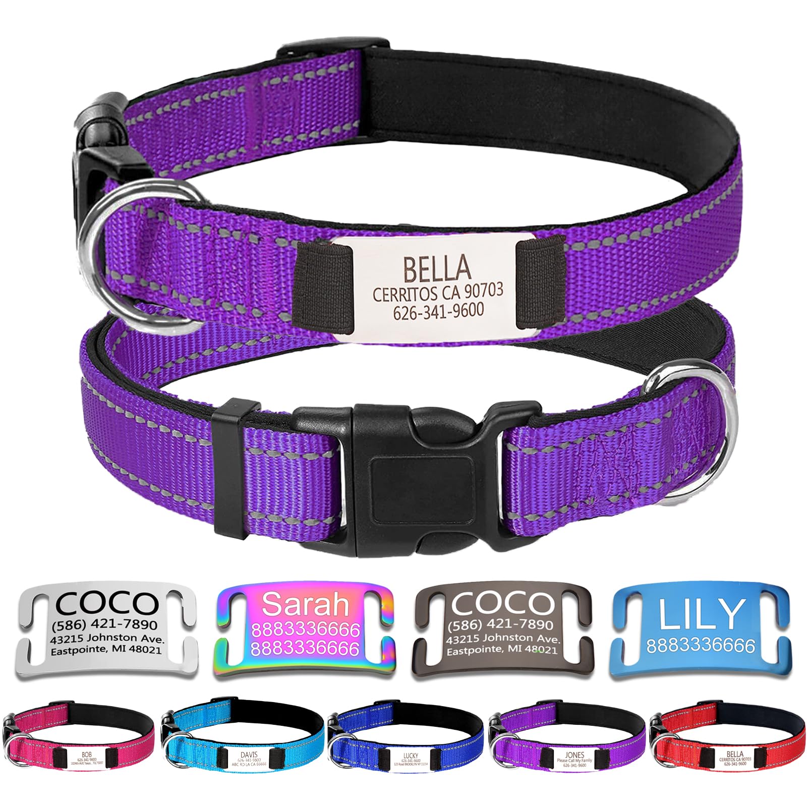 Personalized Dog Collars,Dog Collar with Engraved Name Plate ID Tags,Custom Reflective Adjustable Nylon Collar,Pet Collar for Small Medium Large Dogs,