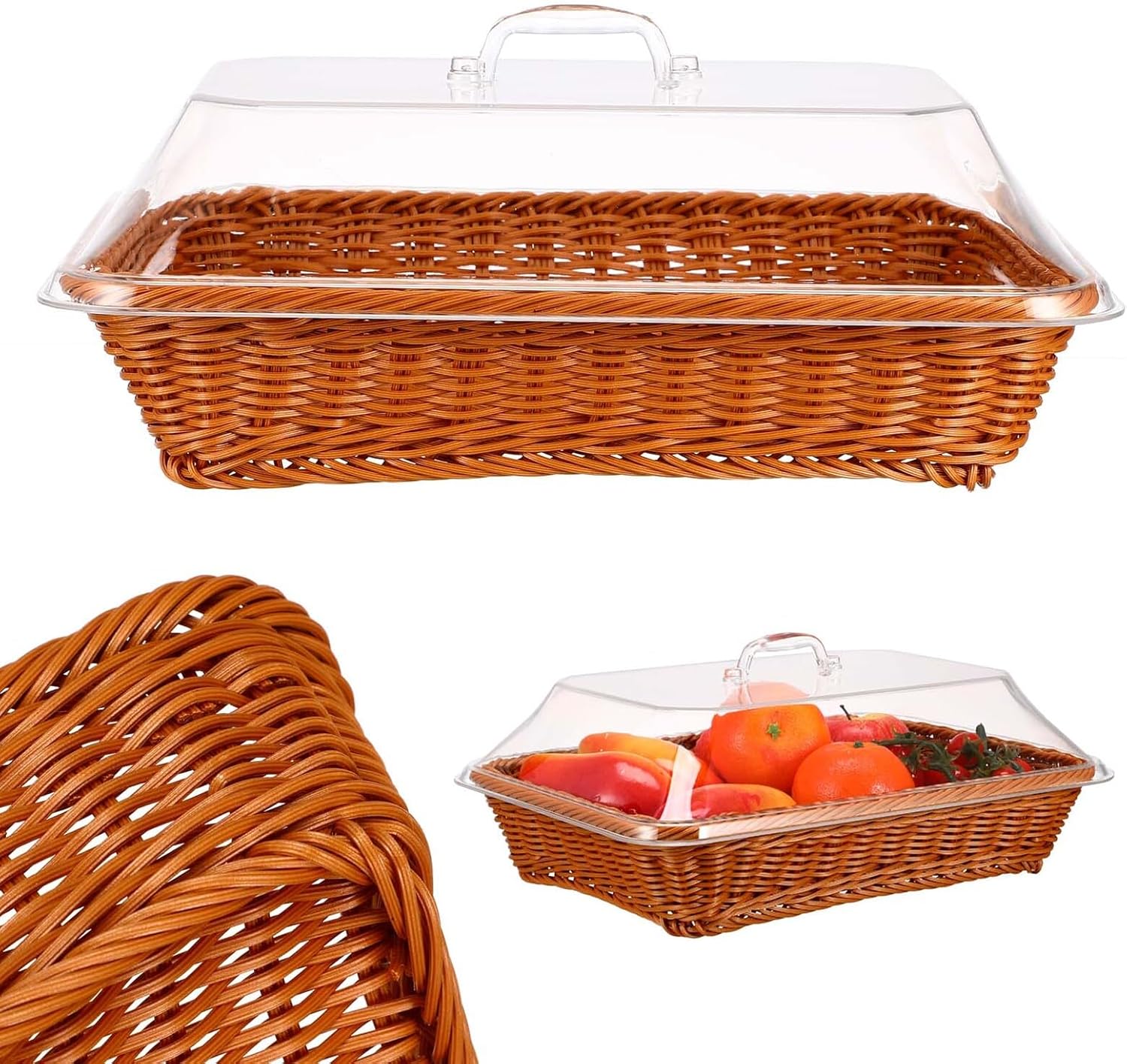 Simulation Rattan Woven Bread Basket with Lid 35x25x15cm, Kitchen Storage and Serving Basket for Restaurant, Picnic, and Home Use