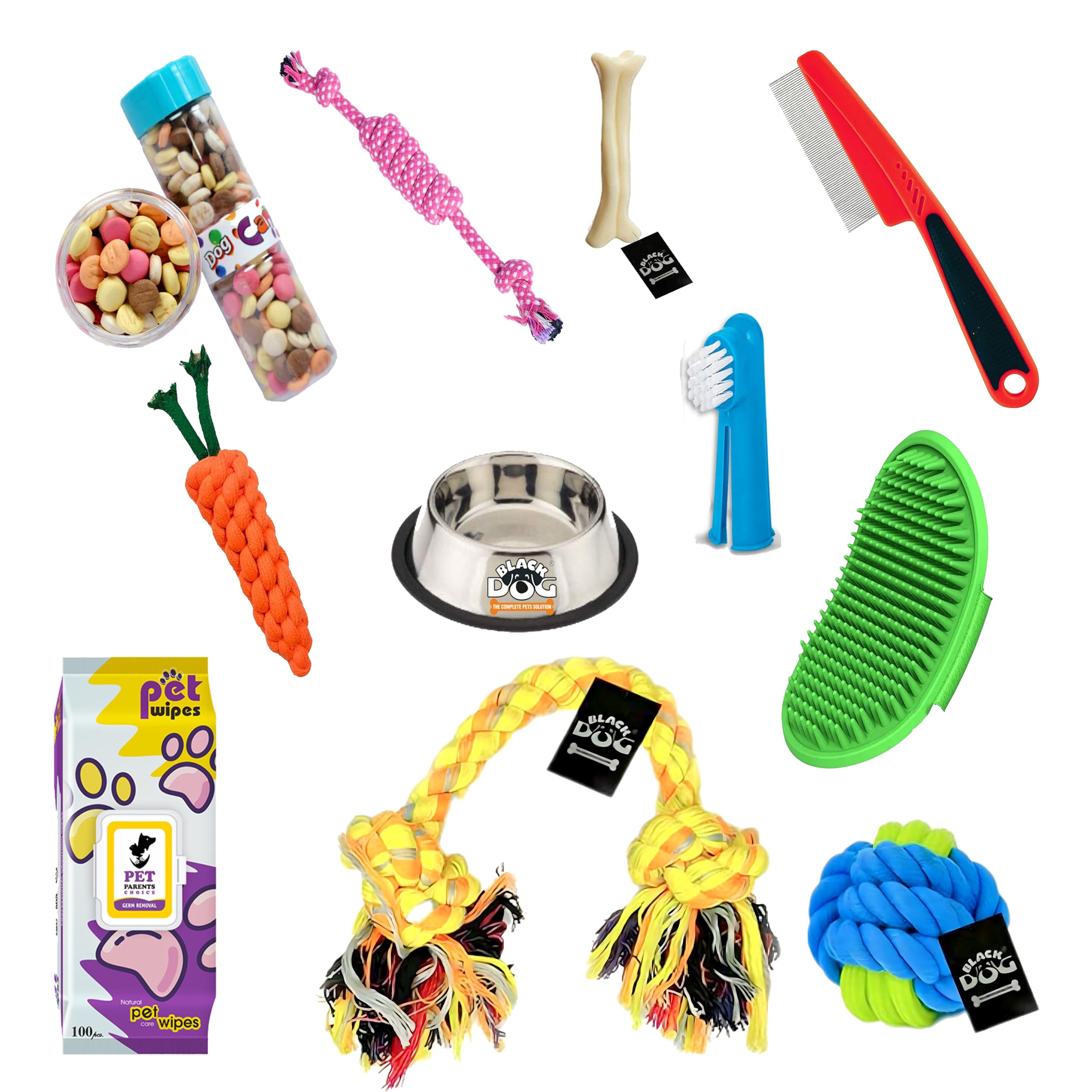 BLACKDOG Puppy Starter Kit, Pet Wipes 100pc + Rope Chew Toys 4pc + Puppy Grooming Kit 4pc + Dog Candy Treats + Chew Bone Dog Toys, Pack of 11p (Color May Vary) (B0CJ737W69) Amazon Price History, Amazon Price Tracker
