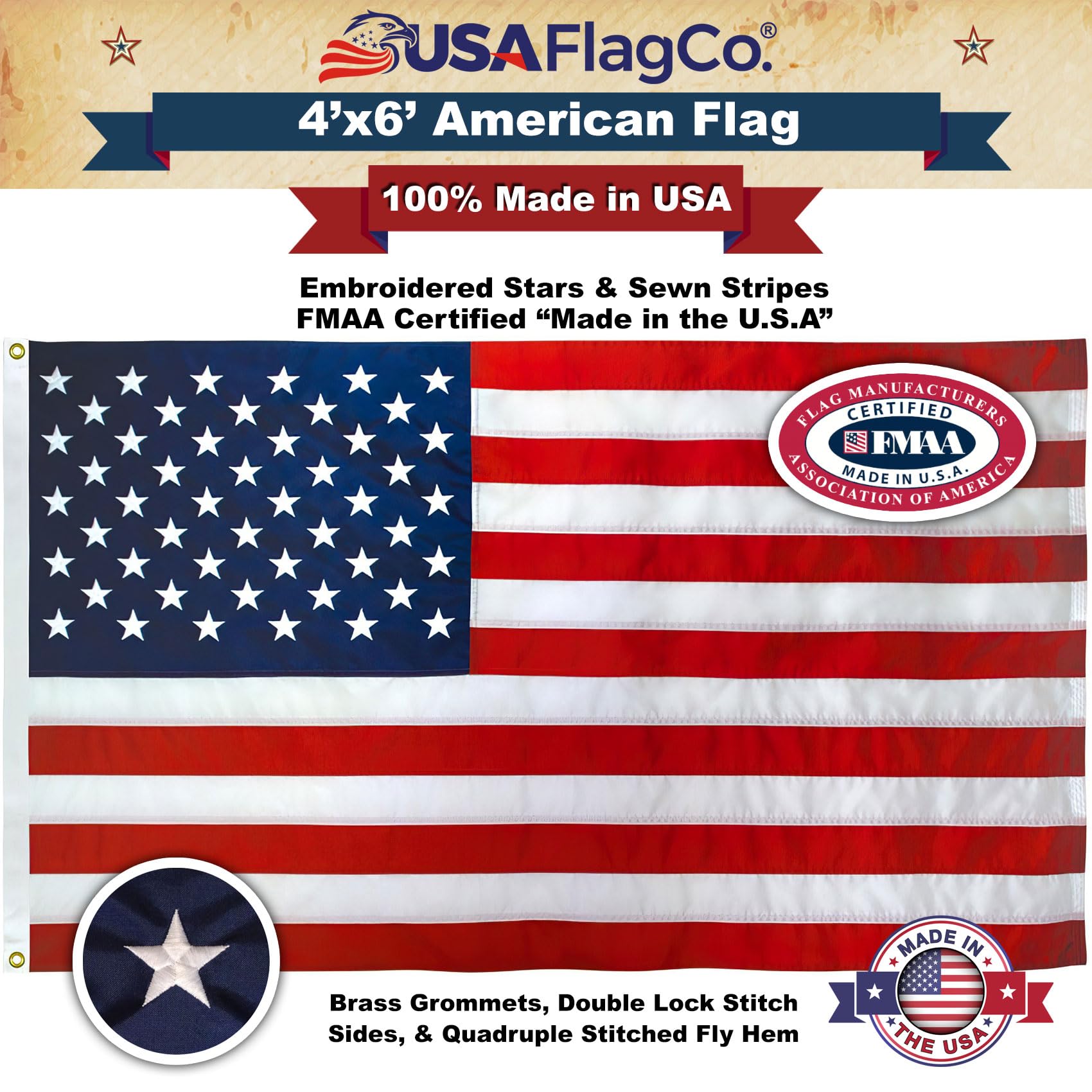 Amerykańska flaga flaga Co., wyprodukowano w USA, haftowane gwiazdy i paski szyte w USA, rozmiar US 4 x 1,5 m, nylon, 4 od 6 stóp