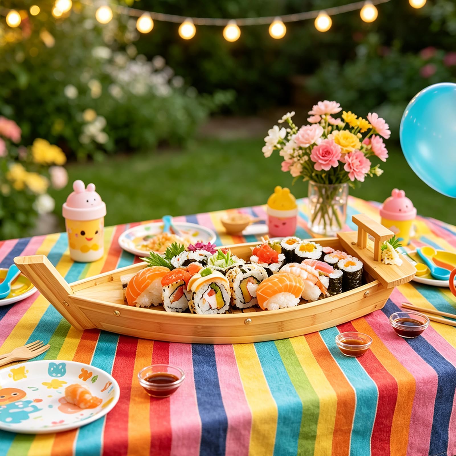 Bandeja de Barco de Sushi de Bambú Ecológica - Superficie Lacada de Grado Alimentario, Perfecta para Restaurantes, Eventos de Catering y Comidas en Casa