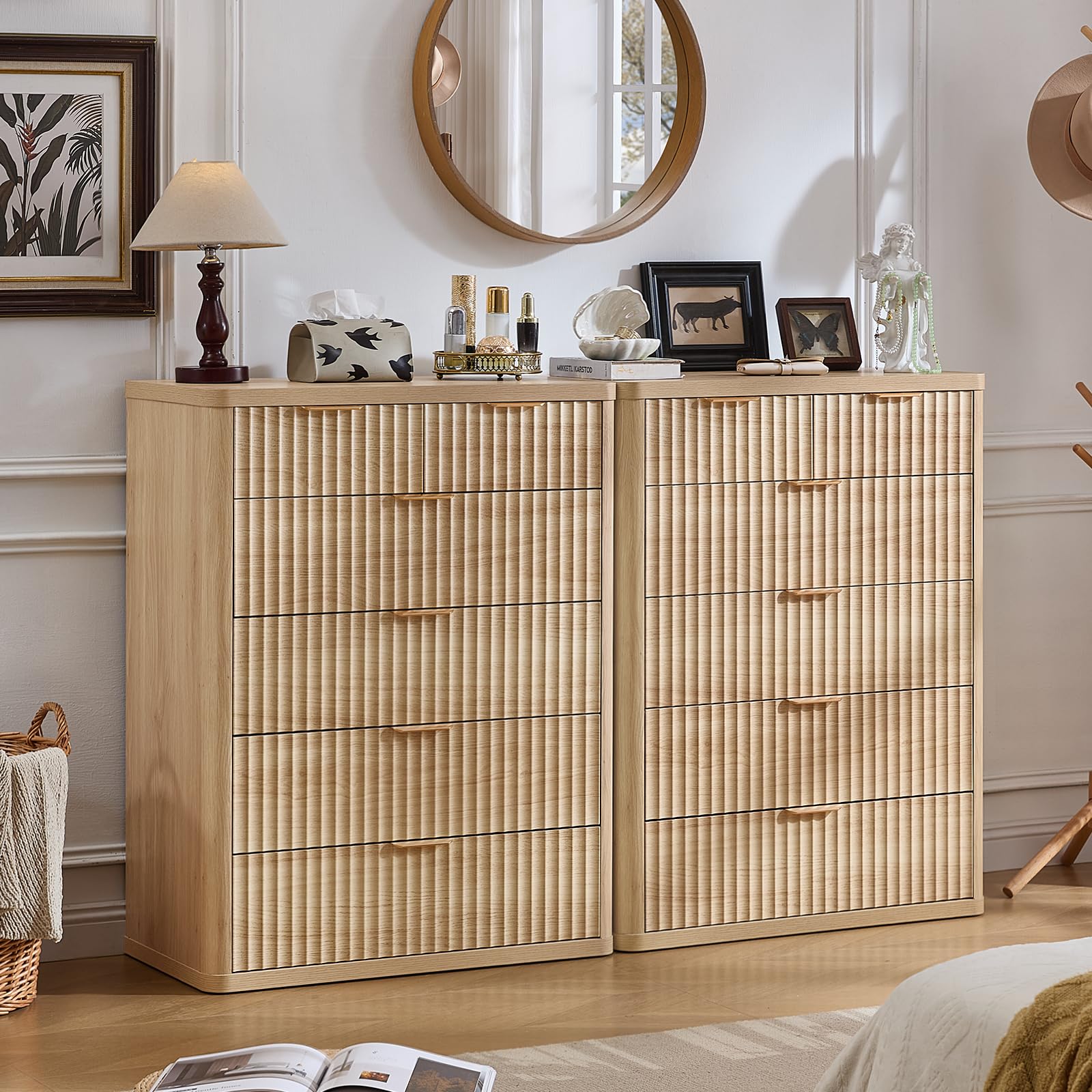 LEYAOYAO Fluted 6 Drawers Dresser for Bedroom Set of 2, 42" Tall Modern Chest of Drawers with Metal Handle, Curved Profile Design,Wood Drawer Organizer for Bedroom,Living Room,Hallway,Natural
