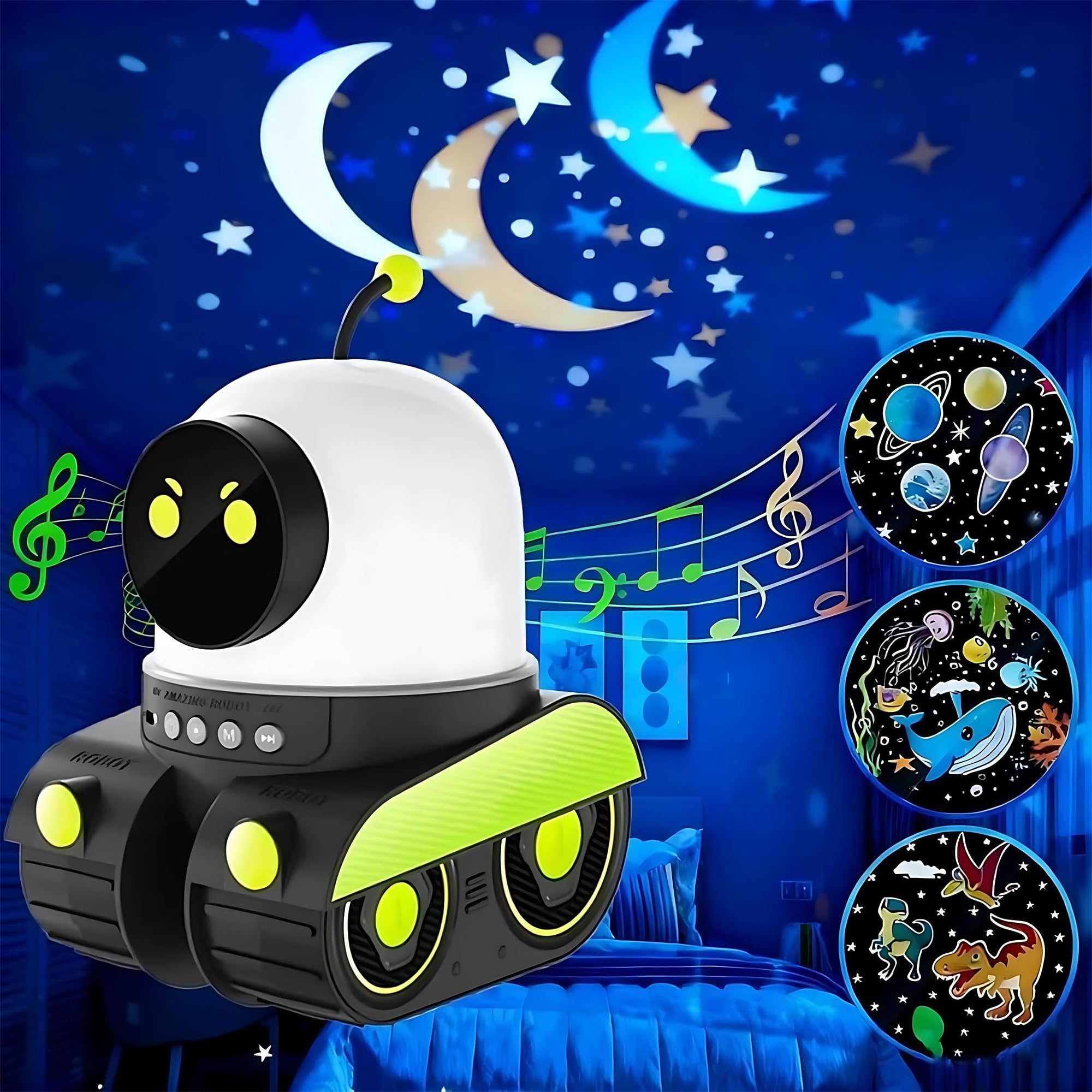 Lámpara de proyector de dibujos animados, luz nocturna recargable de robot con música, proyector LED de cielo estrellado para decoración de habitación de niños, decoración divertida de vacaciones