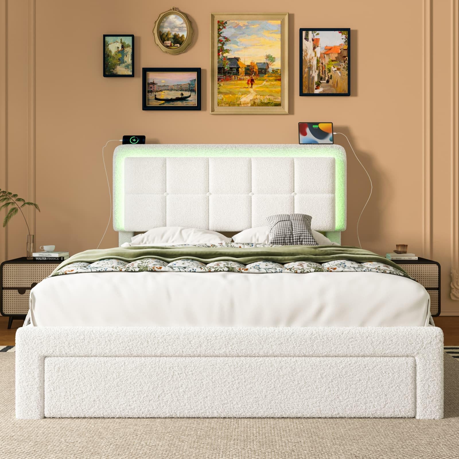 KOMHTOM Lit Rembourré en Velours Teddy avec Tiroir de Rangement, Lit LED Tête Réglable avec 2 Port USB et Type-C, Sommier à Lattes, Cadre de lit Moderne (160x200cm)