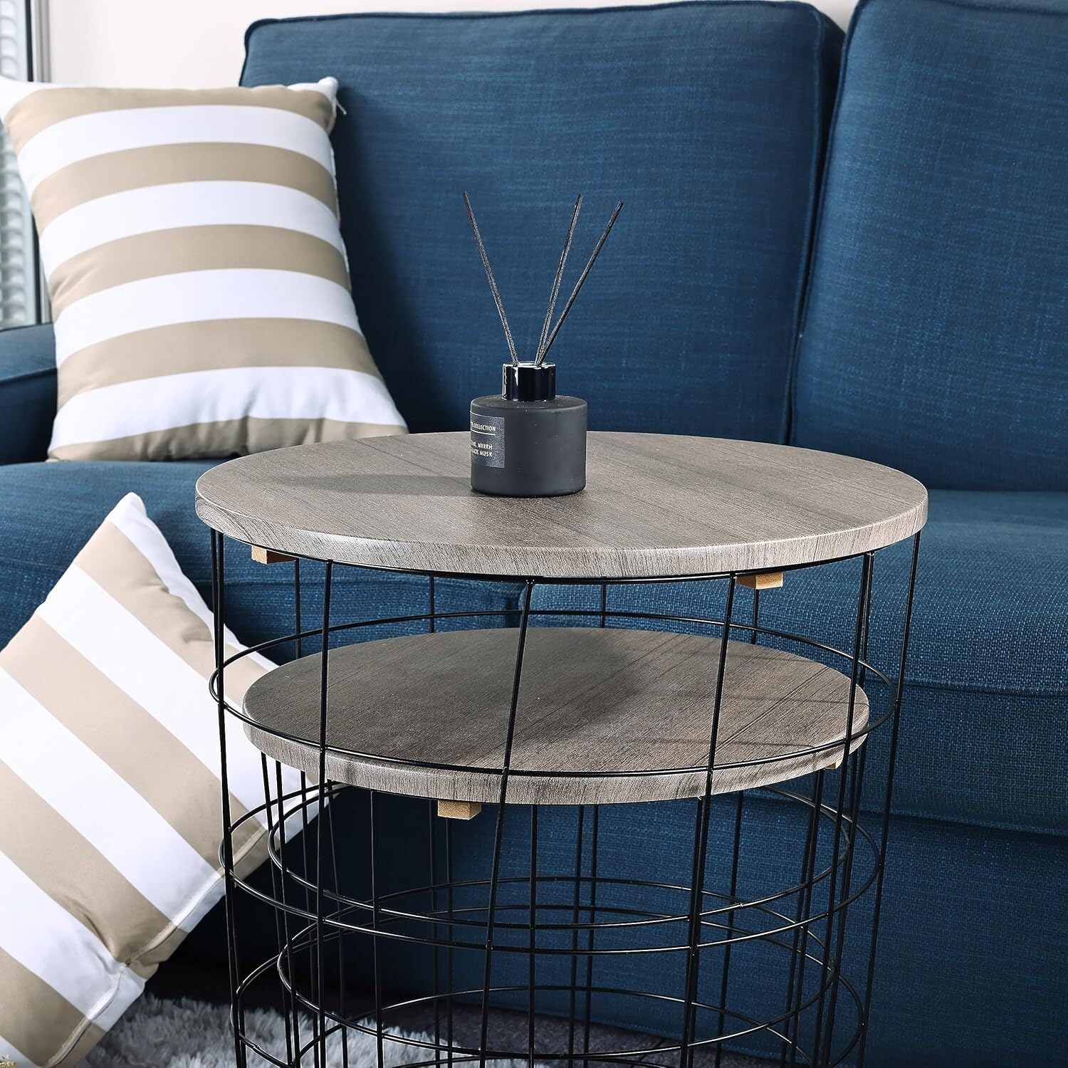 Nesting Table End Table Wire Basket Base with Wood Tops Side Table Set of 2