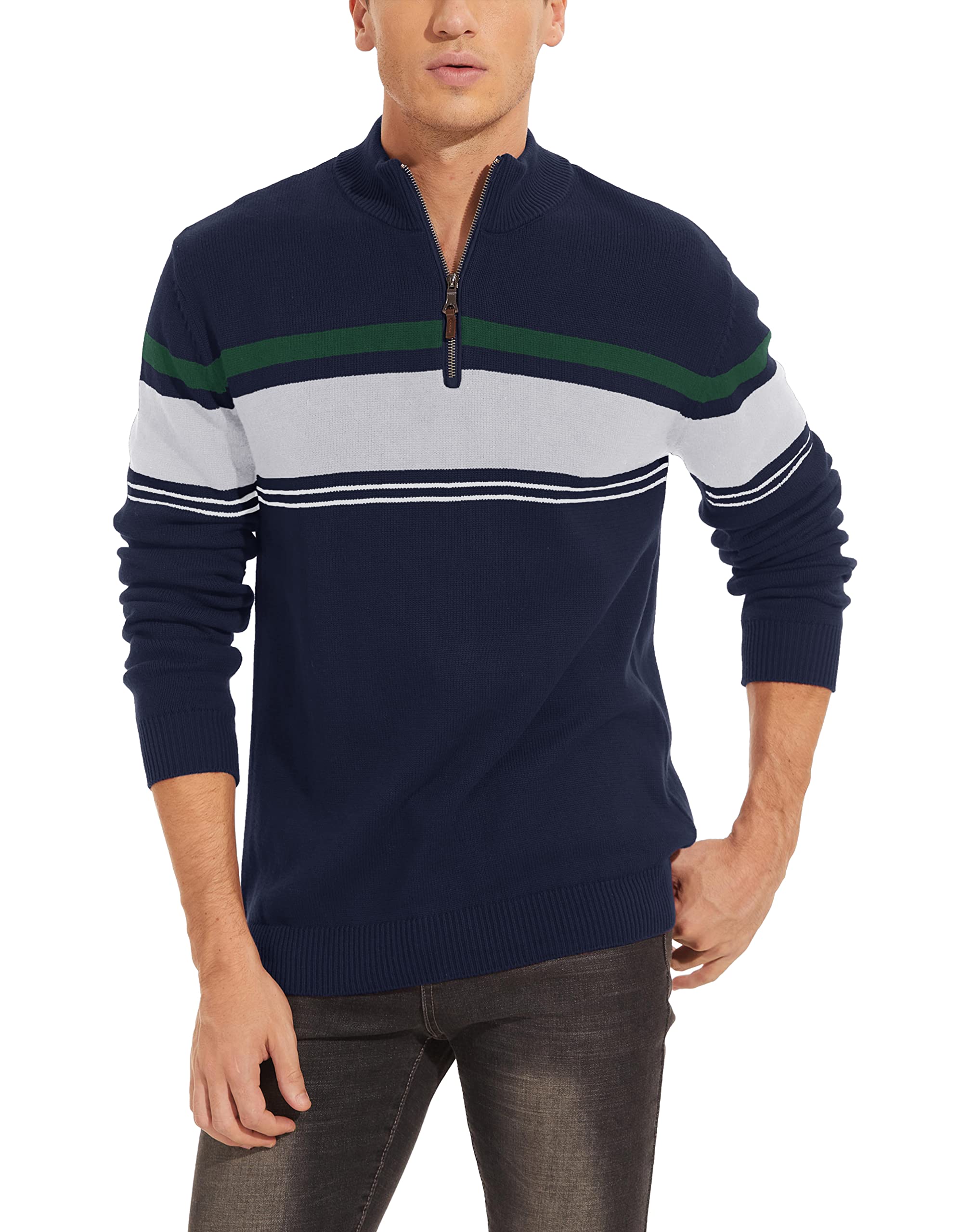 MAGCOMSEN Maglione da uomo a maglia con colletto alto, 1/4 zip, a righe, in cotone, a maniche lunghe, in pile, elasticizzato, per autunno e inverno