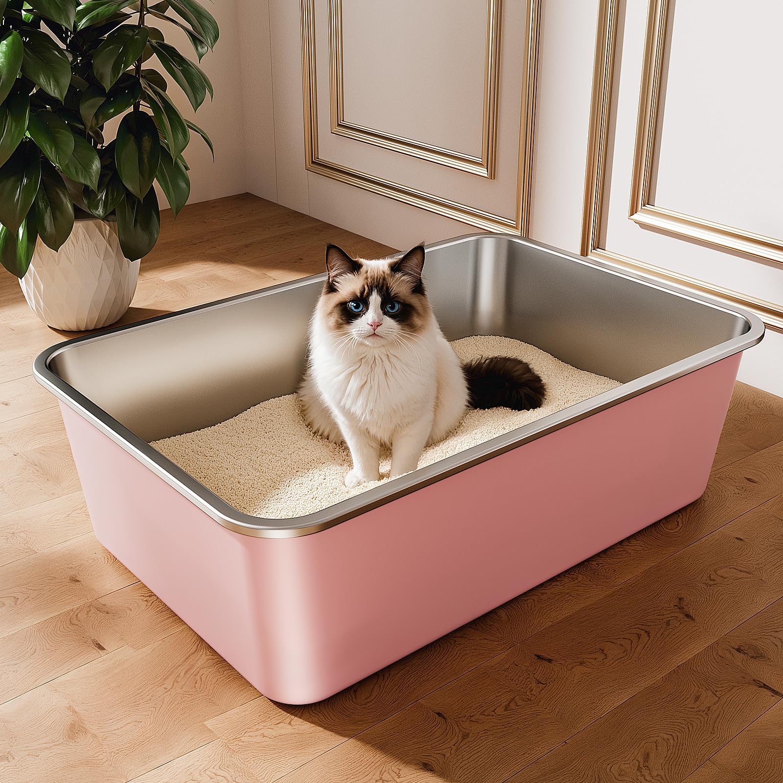 Stainless Steel Cat Litter Tray, Cat Litter Box for Large Small Cats, High Sided Metal Litter Tray, Cats Toilet for Kitten Rabbit and Guinea Pig, Non-Stick, Odor-Free (Pink, 23.4"L×15.6"W×7.8"H) — image 1