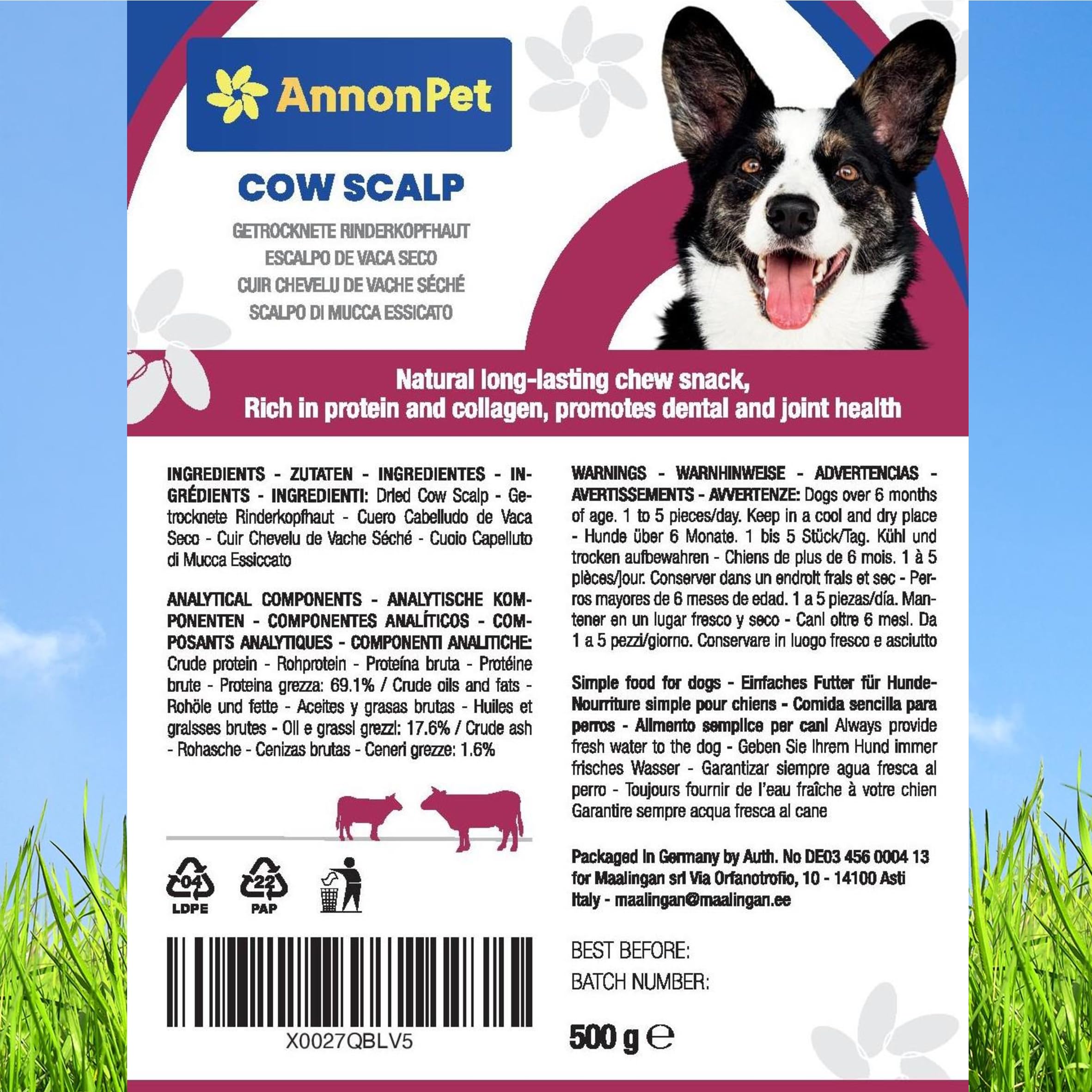 Piel de cabeza de vacuno seca 500 g – Snack natural de larga duración para perros adultos – Masticativos naturales para limpieza dental y fortalecimiento de los músculos masticadores