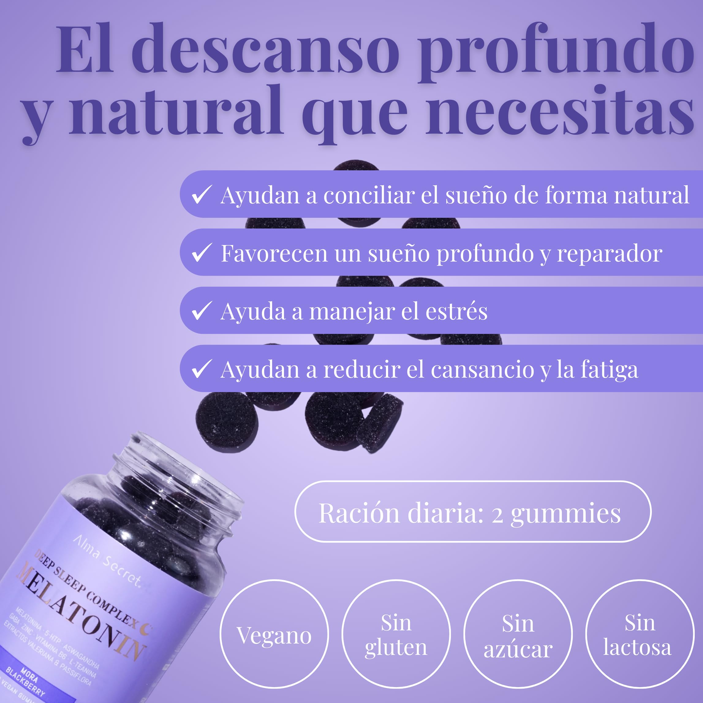Alma Secret | Deep sleep complex melatonin | Gummies veganas para un descanso profundo y mejorar el sueño | Con Melatonina, Ashwagandha Sensoril®, GABA y L-Teanina | Ayuda a dormir y manejar el estrés