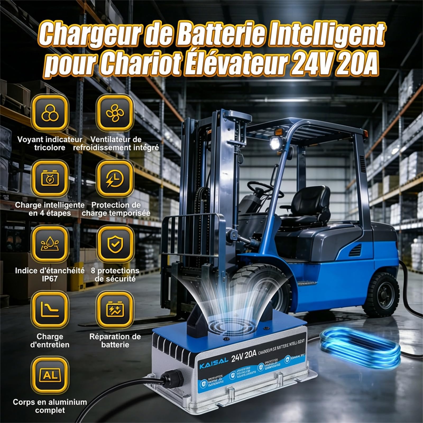 KAISAL 24V 20A Chargeur de Batterie pour Chariot élévateur, 24V Chargeur de Batterie avec Prise Anderson, Chargeur de Maintien Automatique pour Batteries au Plomb 24 V