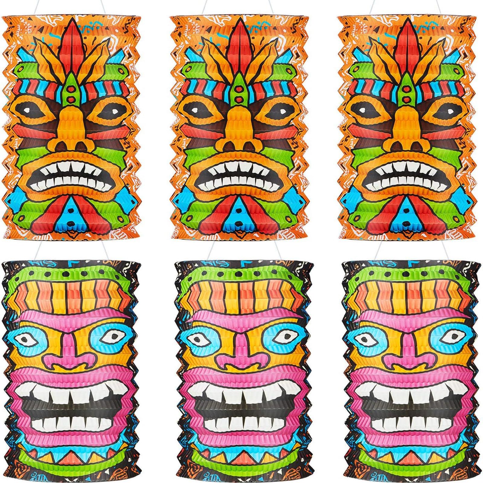 Mudder 6 Pieces 10 Inch Hawaii Party Decorations Paper Tiki Lanterns Luau Tropical Hanging Supplies Lanterns for Birthday Outdoor Summer Jungle Party Decorations Hawaii Bar Supplies