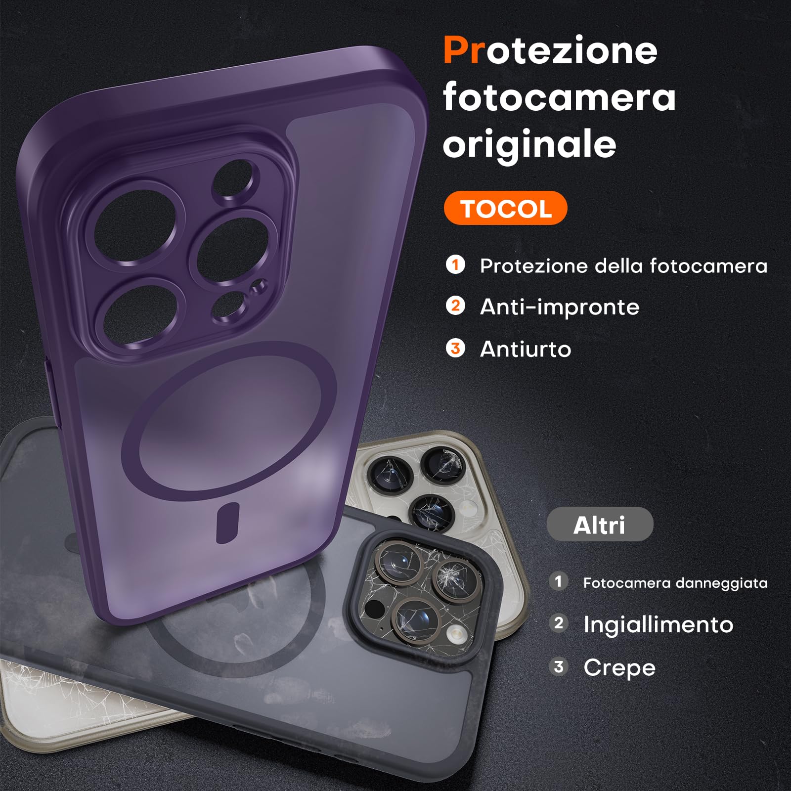 TOCOL Cover Magnetica per iPhone 14 Pro 6,1 Pollic, Compatibile con MagSafe, Protezione Fotocamera Integrata, Custodia Antiurto Traslucida Opaca, Viola Intenso
