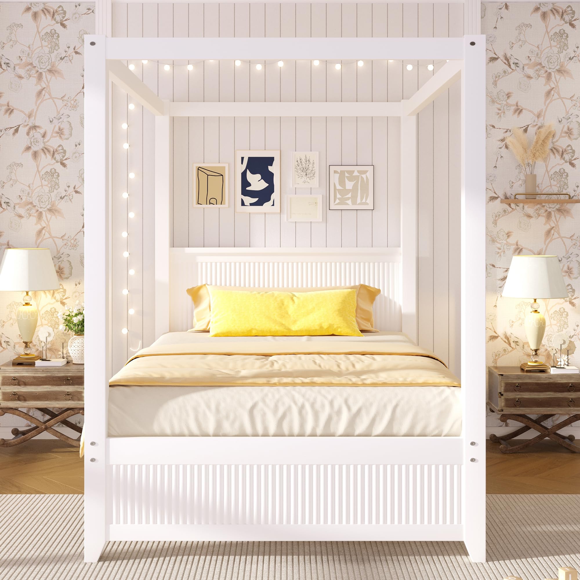 MURUL Himmelbett 90x200 cm Weiß, Massivholz Bett mit Dachrahmen & vertikalen Lamellen, Skandinavisches Design