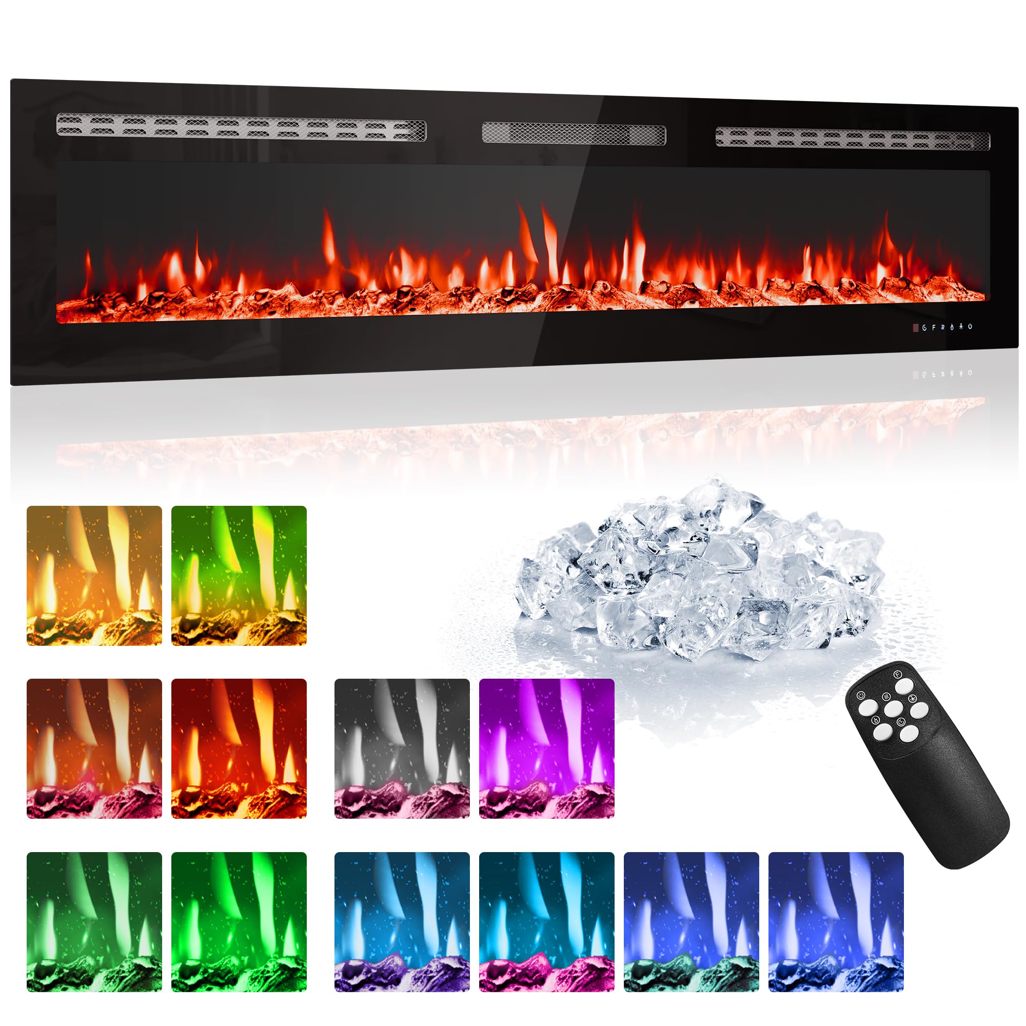 Garvee 59''Electric Fireplace Ultra-Thin Recessed Wall Mount, LED Fireplaces Insert with 12 Color Adjustable Flame, Touch Screen &amp; Remote, 750W/1500W Heater, Timer, ETL Safety, for Home, Bedroom