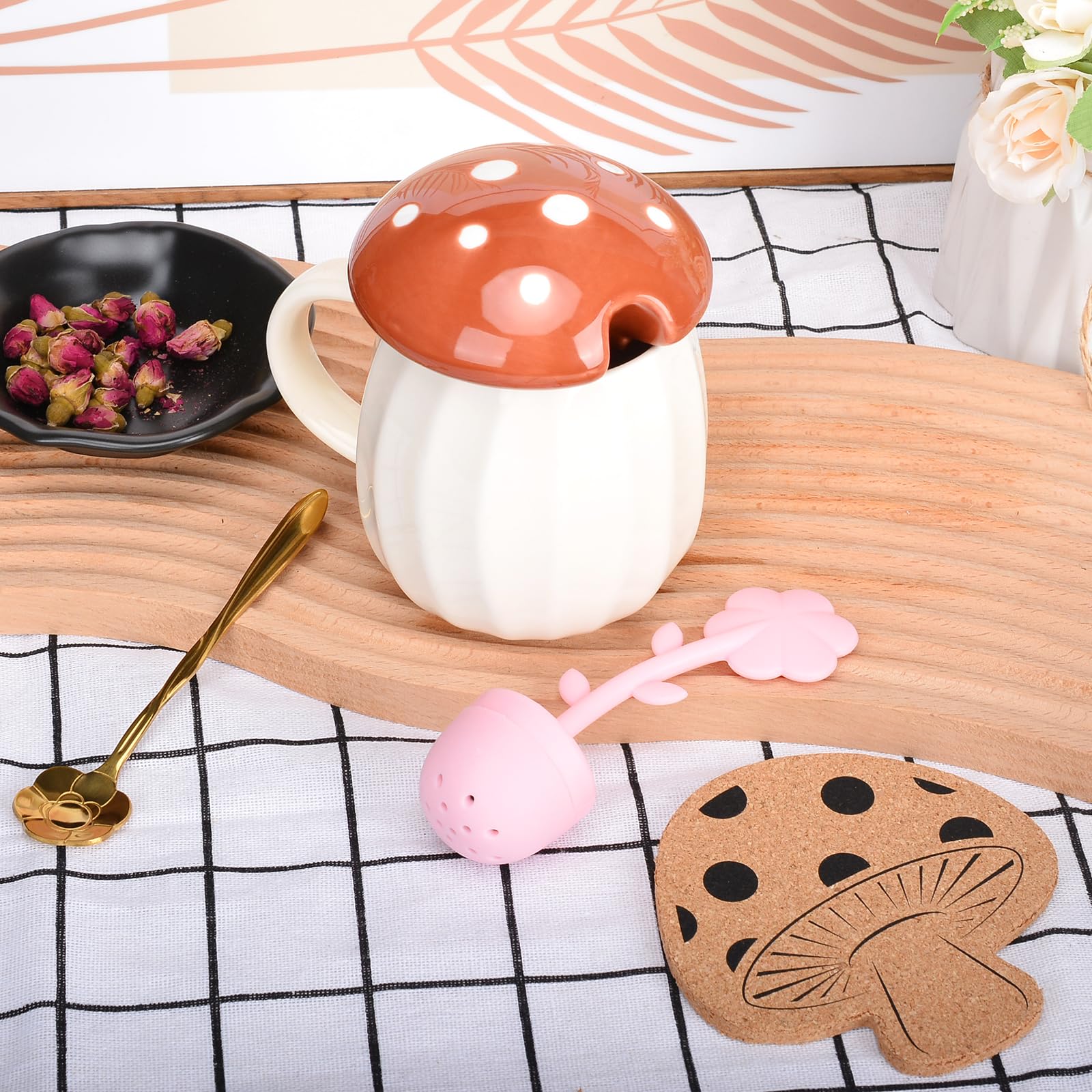XinHuiGY Mushroom Mug, Cute Coffee Mug with Lid and Flower Spoon, Kawaii Mushroom Tea Cup - Image 4