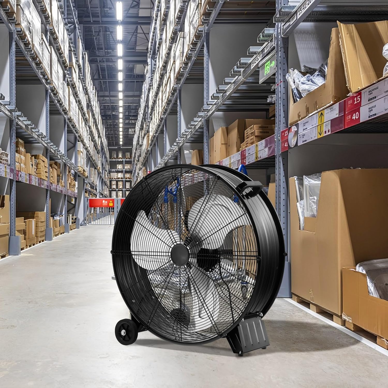 RELAX4LIFE Ventilador de Suelo 180W de Φ60cm con 3 Velocidades Ajustables, Ventilador de Tambor de Aluminio y Hierro con 1 Asa y 2 Ruedas para Fábrica, Tienda, Cobertizo (Negro)