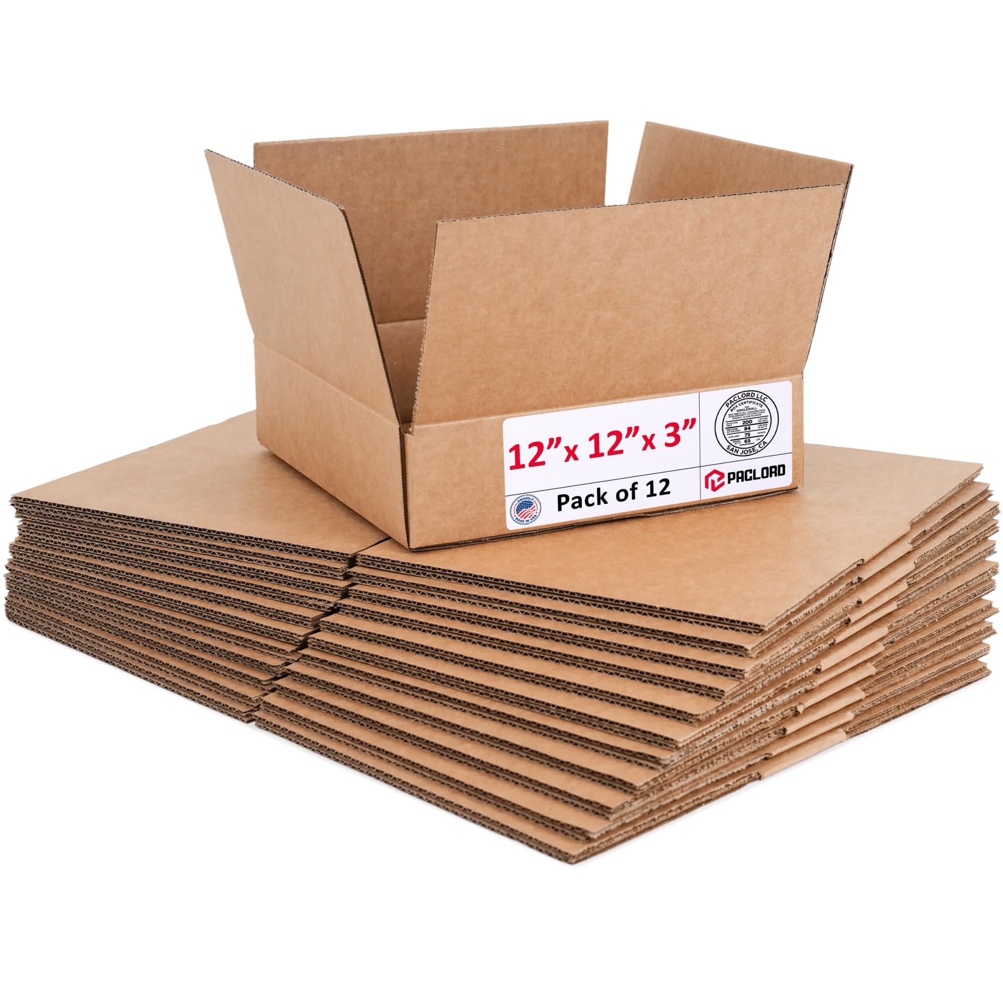 Flat Cardboard Boxes 12"L x 12"W x 3"H, Pack of 12 | USA-Made Packing Boxes for Moving, Shipping, or Storage - USPS, UPS, FedEx Approved - Professional Packing Supplies