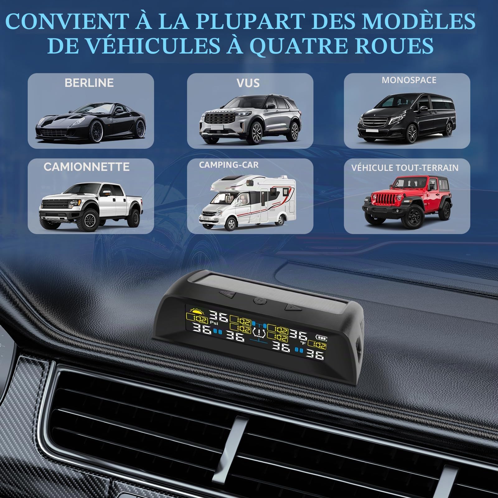KAOLALI TPMS Système de Contrôle de la Pression des Pneus avec 6 Capteurs | Charge Solaire et Fonction de Charge USB, avec Écran LCD Coloré, Pression des Pneus 0-9,9 Bar (0-144 PSI)