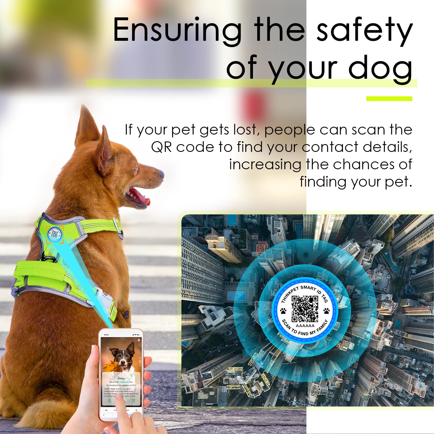 ThinkPet Arnés deportivo transpirable con código QR, arnés reflectante con asa ajustable para perros medianos y grandes, clip trasero y frontal para un fácil control, talla XL, color verde