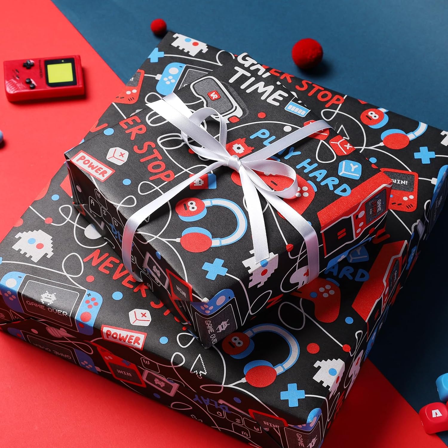 LaRibbons Gaming Wrapping Paper Roll, Video Game Gift Wrap for Boys, Teens & Gamers, Black Gamer Birthday Wrapping Paper with Colorful Controller Arcade Design, Kraft Paper, 17 Inch x 33 Feet