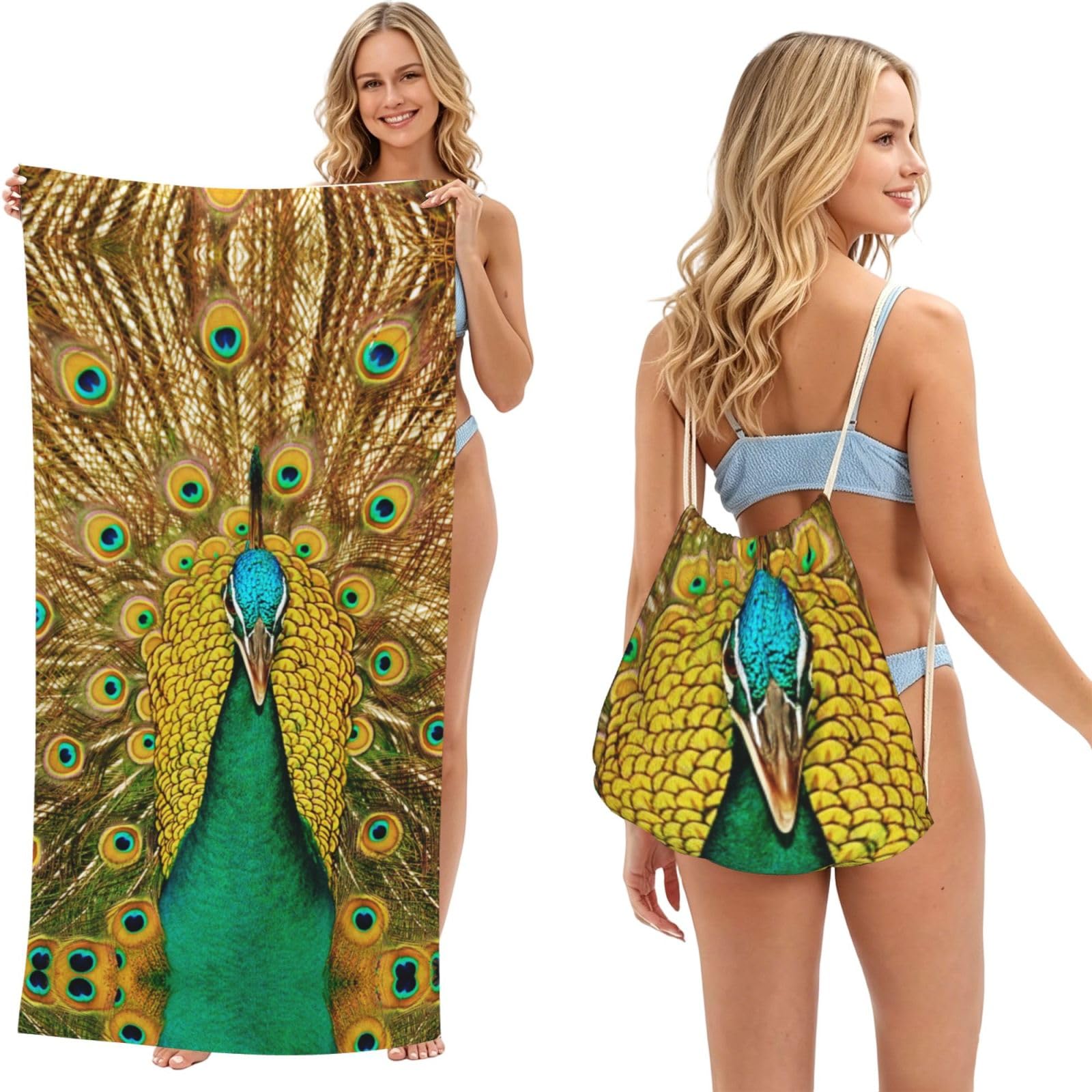 ESNAIUVCD Peacock Print Beach Towel For Adults,Towel With Drawstring Bag, Travel Pool Swimming Sports Shower Sand Free Quick Dry Bath Towel For Pool, Beach, Yoga- 180x60cm
