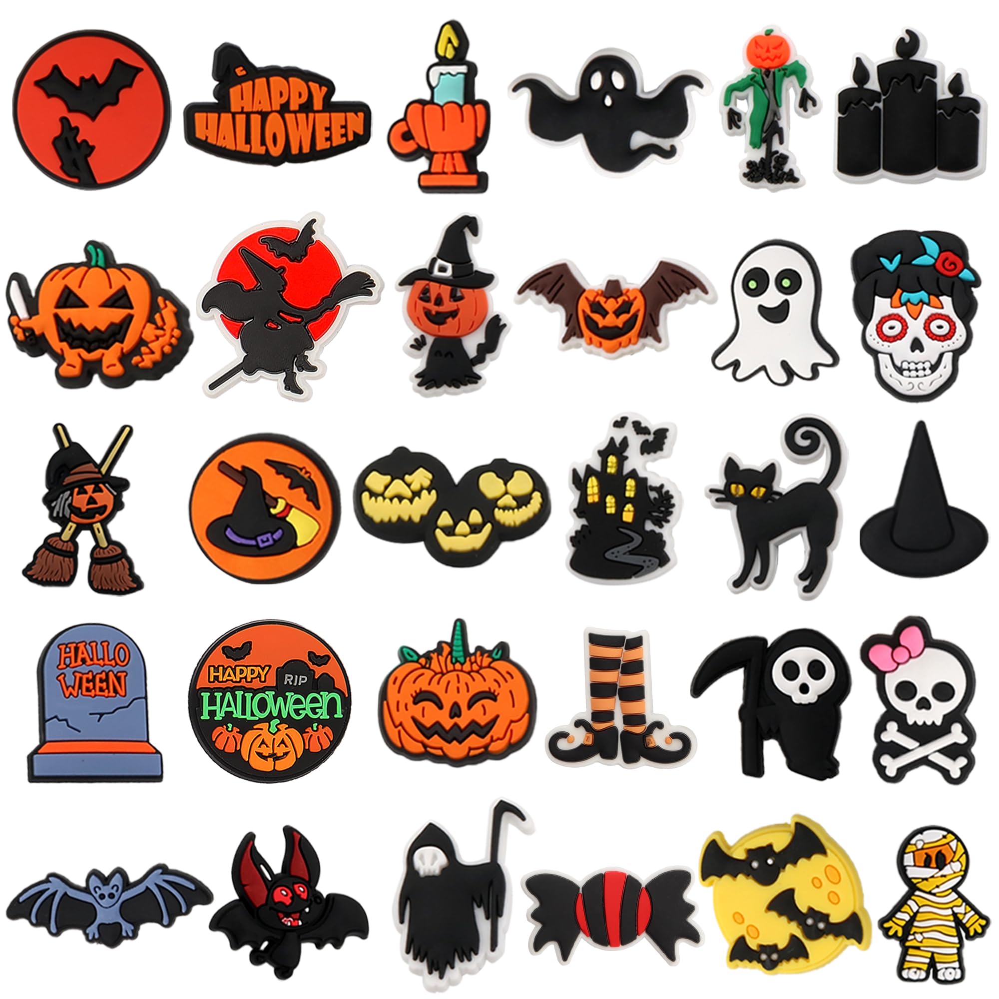 Halloween Shoe Charms, 30PCS Pumpkin Witch Ghost Bat Spider Shoe Decoration Charms for Shoes Wristband Clog, Spooky PVC Shoe Accessories for Halloween Party Favor Holiday Birthday Gifts