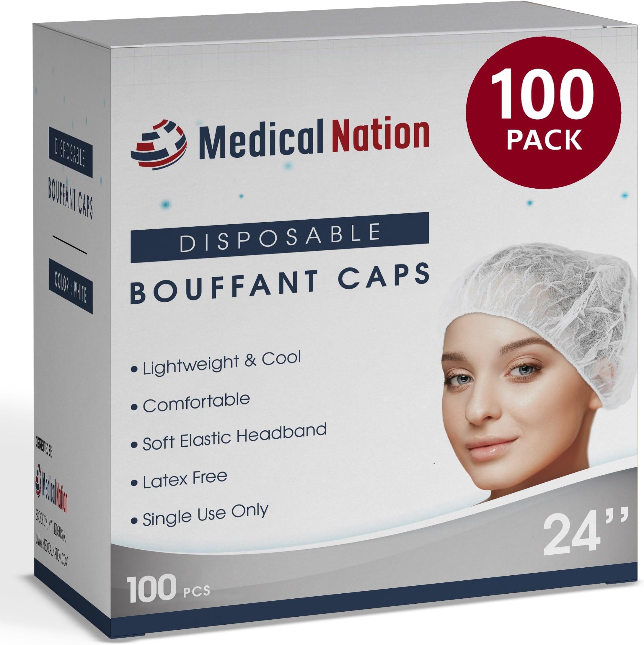 MEDICAL NATION 24" Hair Net Disposable Bouffant Caps |100 Pack, White| Hairnets, Hair Cover, Non-Pleated Unisex | Perfect for Work, Medical, Labs, Nurse, Tattoo, Hair Nets Food Service| Size 24" White