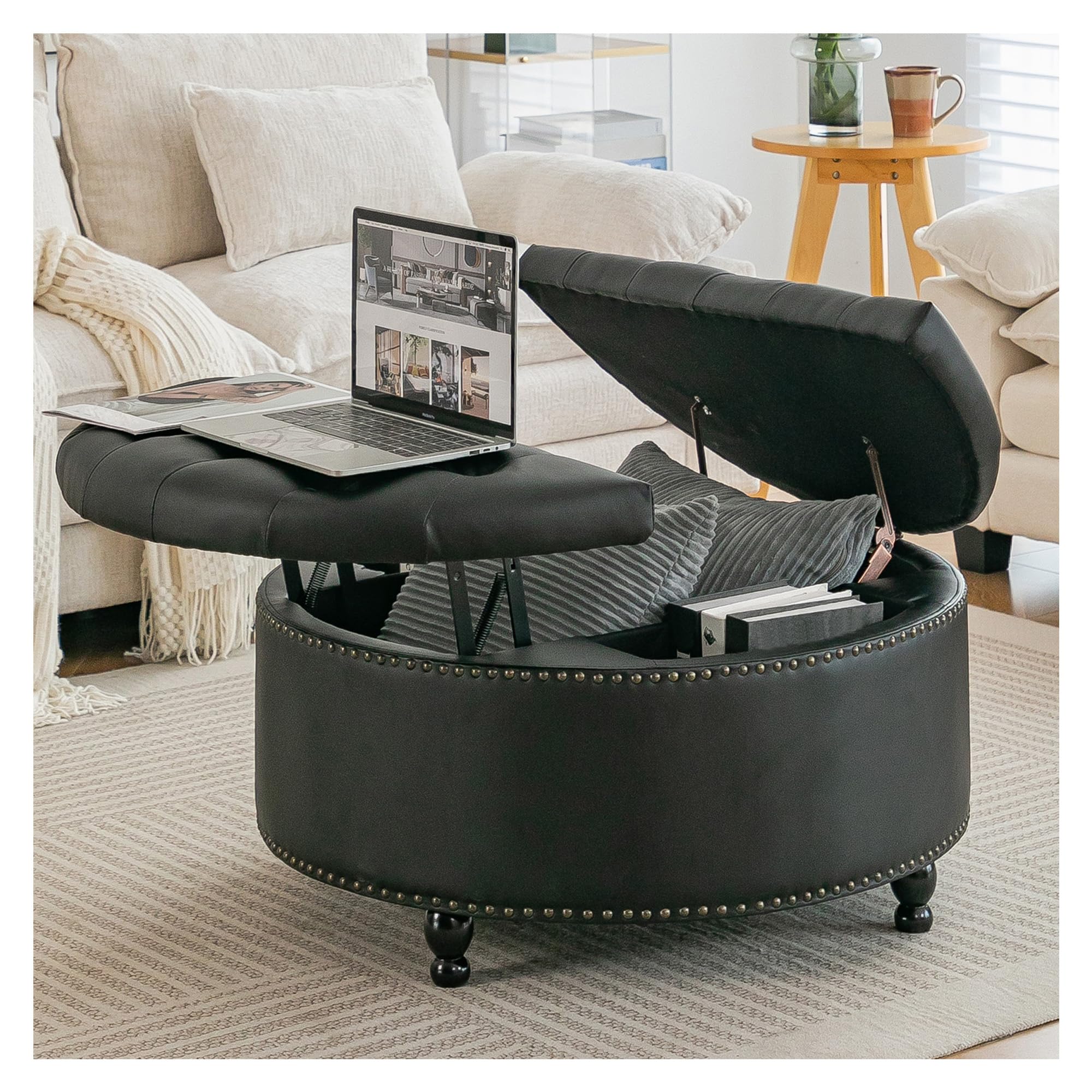INMOZATA Round Leather Window Seat with Storage,Multi-Functional Chesterfield Ottoman Coffee Table with Lift Top Tufted Storage Ottoman for Living Room (Black)