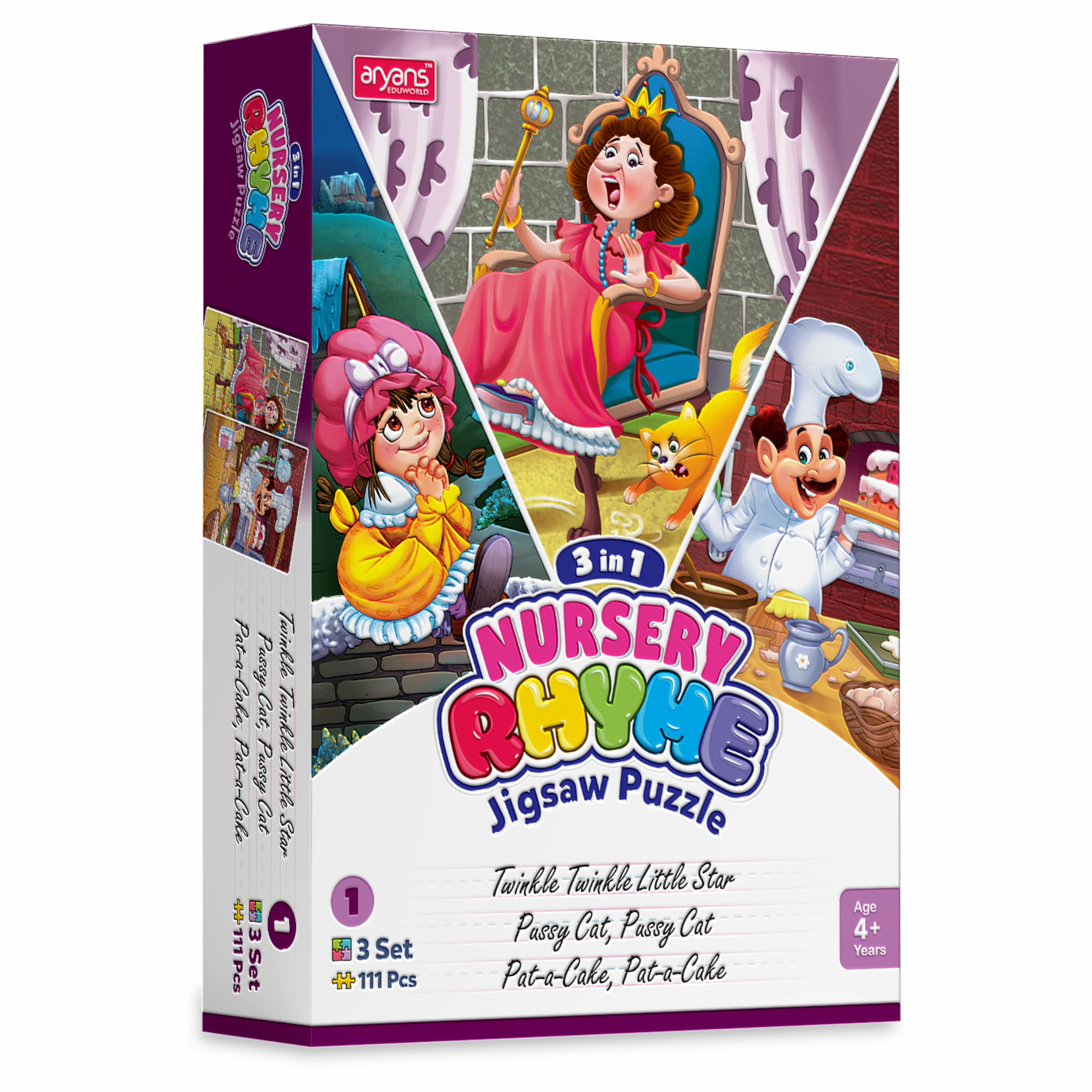 Nursery Rhyme Jigsaw Puzzle for Kids| Set of 3 Rhymes| 111 Pcs Puzzle| Twinkle Little Star, Pussy Cat, Pat a Cake| Edu Puzzle for Girls & Boys| Age 4+