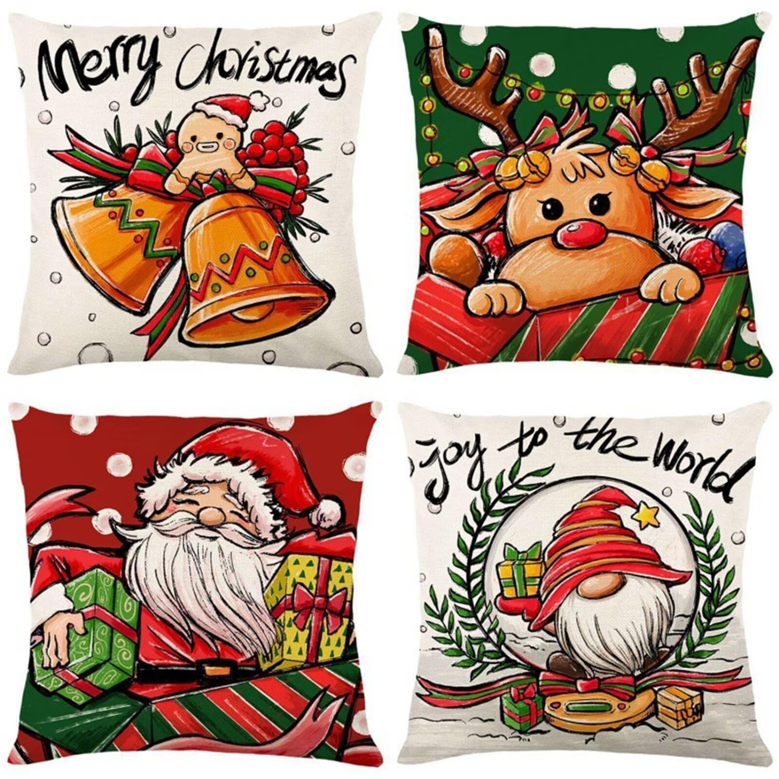 Natale Fodere per Cuscini 60x60cm 4 Pezzi Campane di Natale Cuscini Caso Federa, Copricuscini Natalizi, Invernale Natalizie Divano Decorativi di Natale per Divano Soggiorno Auto Natalizie Decor