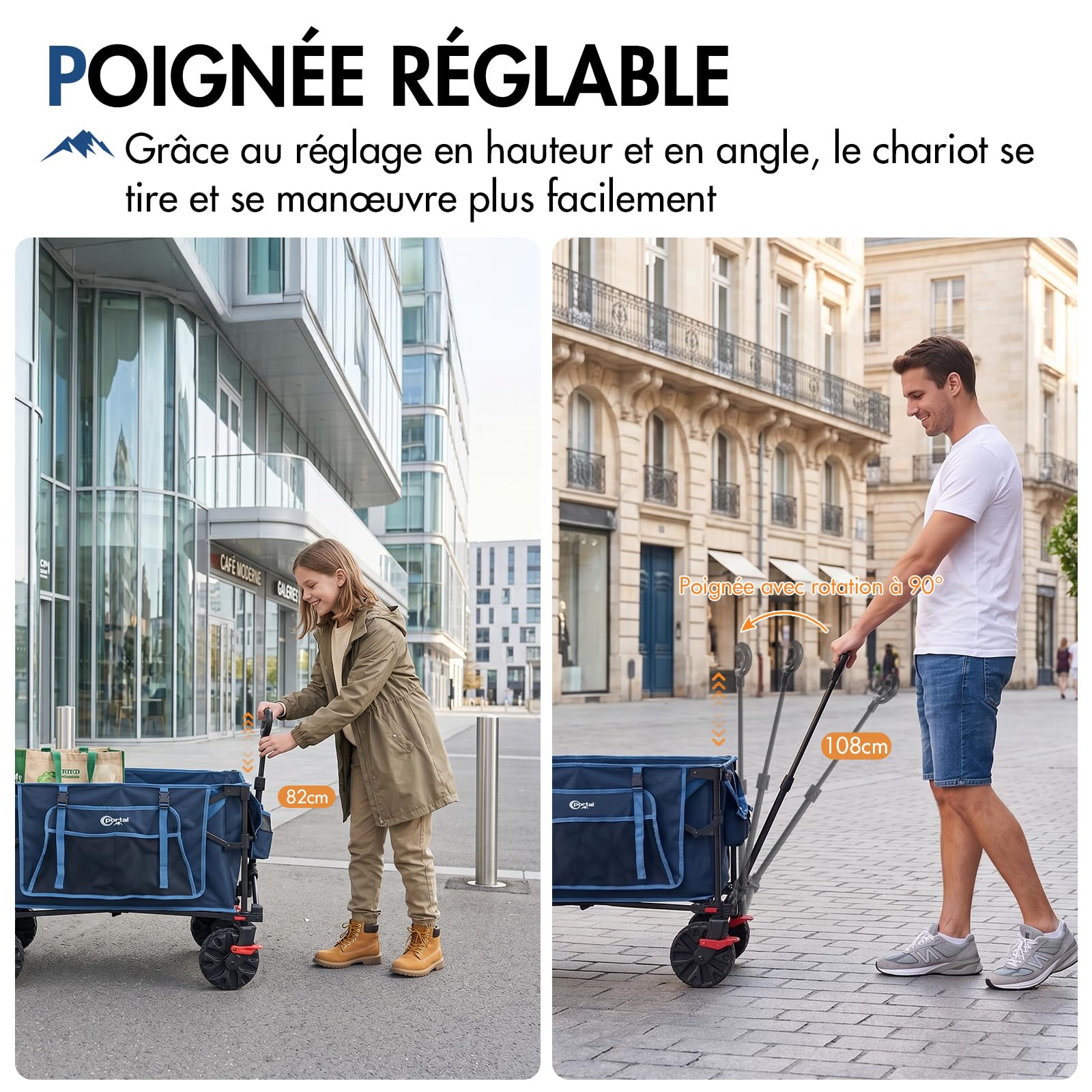 Portal Chariot de Transport Pliable XXL 400L Capacité 210kg avec Hayon Rabattable Roues Tout Terrain 360° Frein Double Poignée Réglable Idéal pour Jardin Plage Camping et Courses