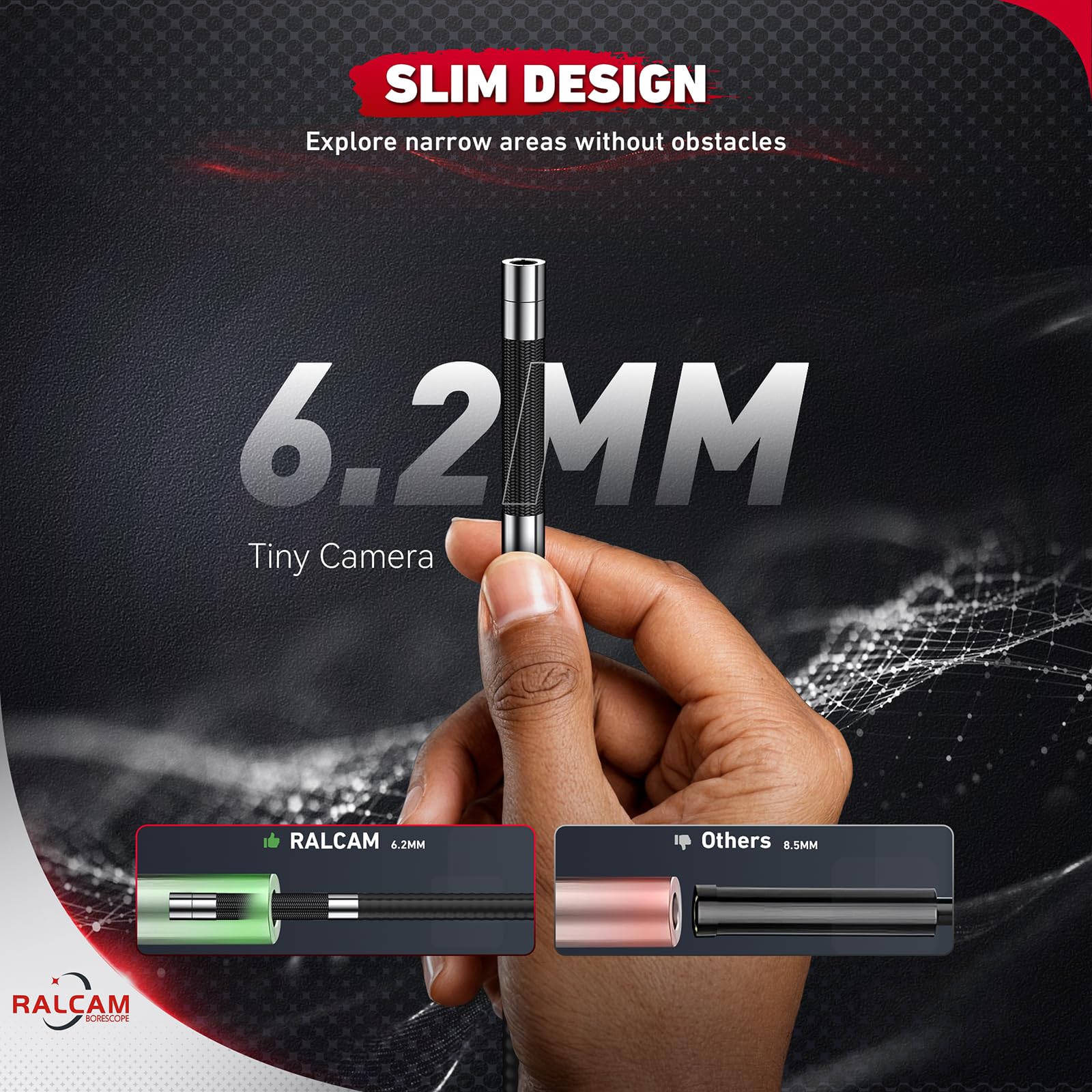 Ralcam Endoskopkamera mit Licht Endoscope Camera - Endoskop 6,2mm Inspektionskamera 4,3" HD 720P Rohrkamera, Kameras mit 6 LED, IP67 Wasserdicht 2M Halbstarre Kabel Teleskopkamera Kfz Werkzeug