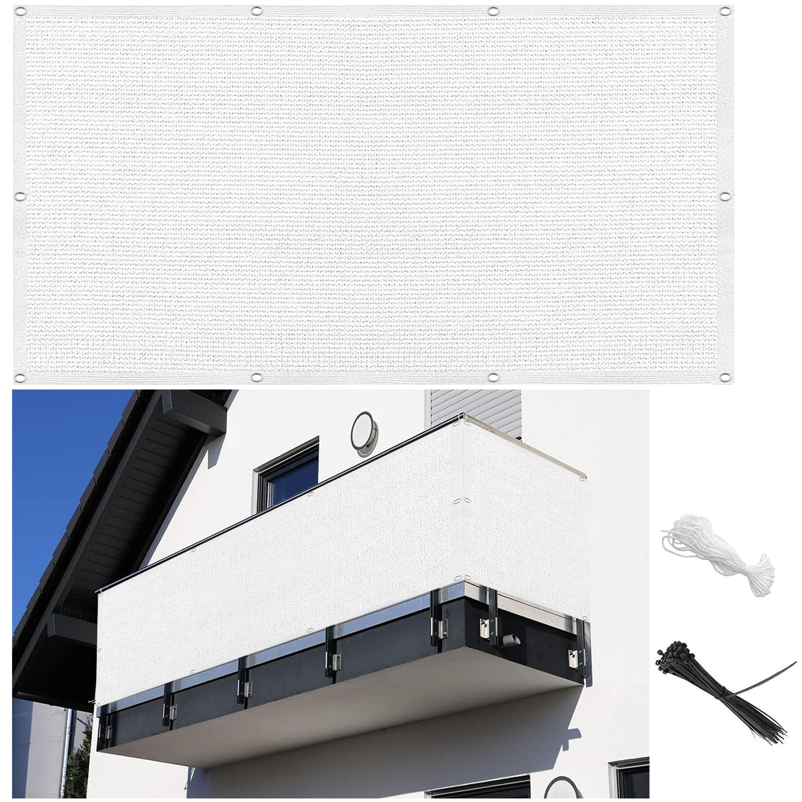 Ogrodzenie Balkonu 80 x 520 cm HDPE Lekka Przezroczysta Ochrona Przed Wiatrem Osłona Ochronna Na Balkon Do Ogrodu Z Opaskami Kablowymi I Sznurem, Na Balkon, Do Ogrodu, Biały