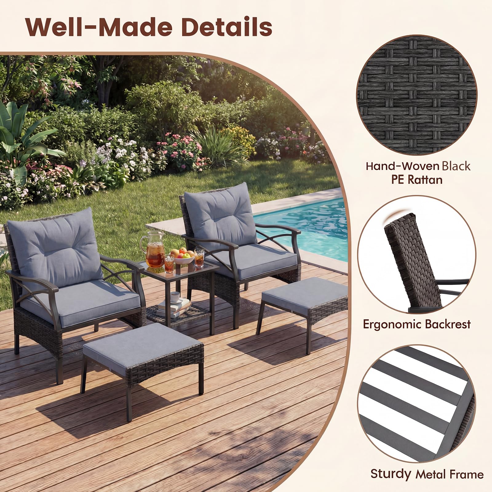 Giantex 5-teiliges Rattan Gartenmöbel Set, Balkonmöbel Kleiner 2-4 Personen, Lounge Möbel Outdoor mit Tisch, 2 Sessel, 2 Hocker, inkl. Rückenkissen & Sitzkissen, Terrassenmöbel