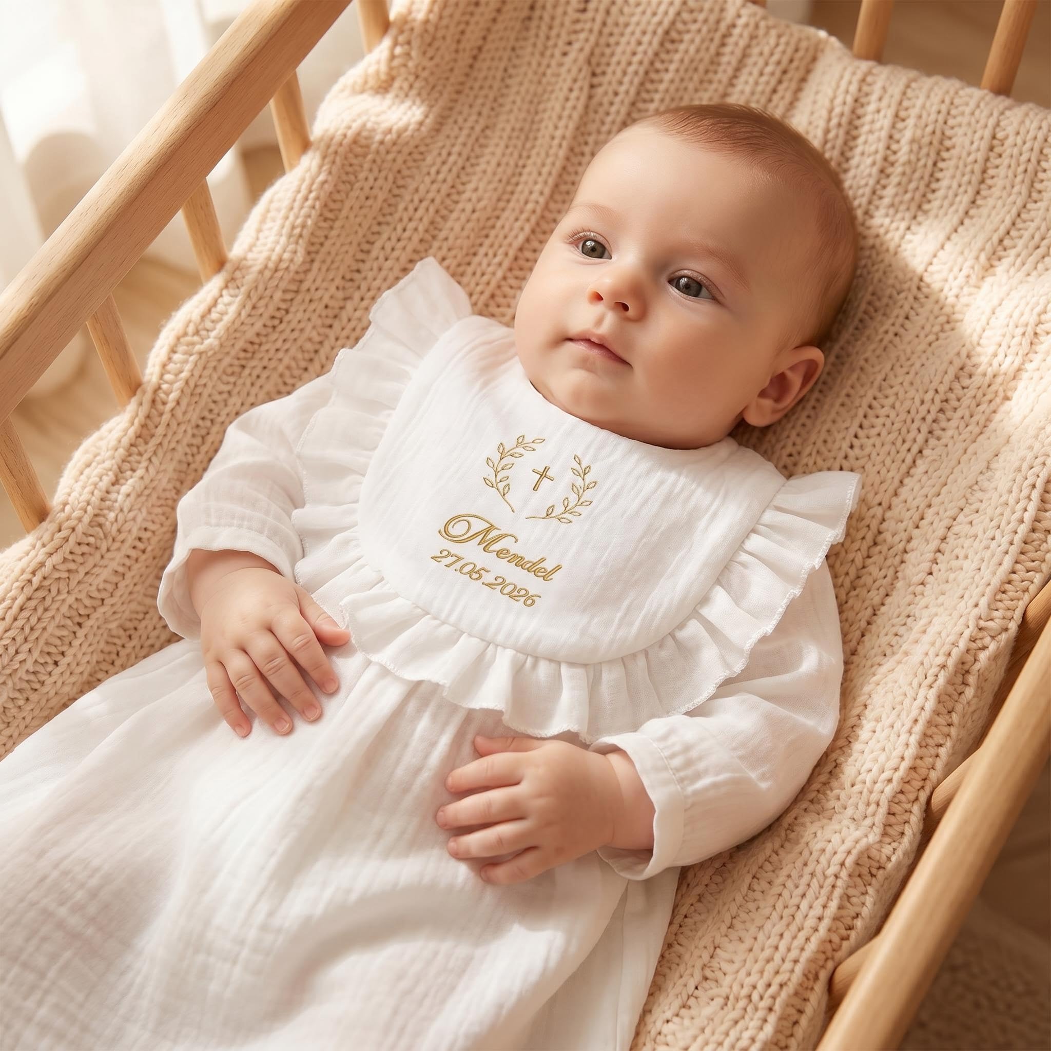 XIAOMA Bavoir Baptême Personnalisé pour Bébé – 100% Coton Doux, Broderie Prénom et Date, Cadeau Baptême avec Coffret, Livraison Rapide 48h