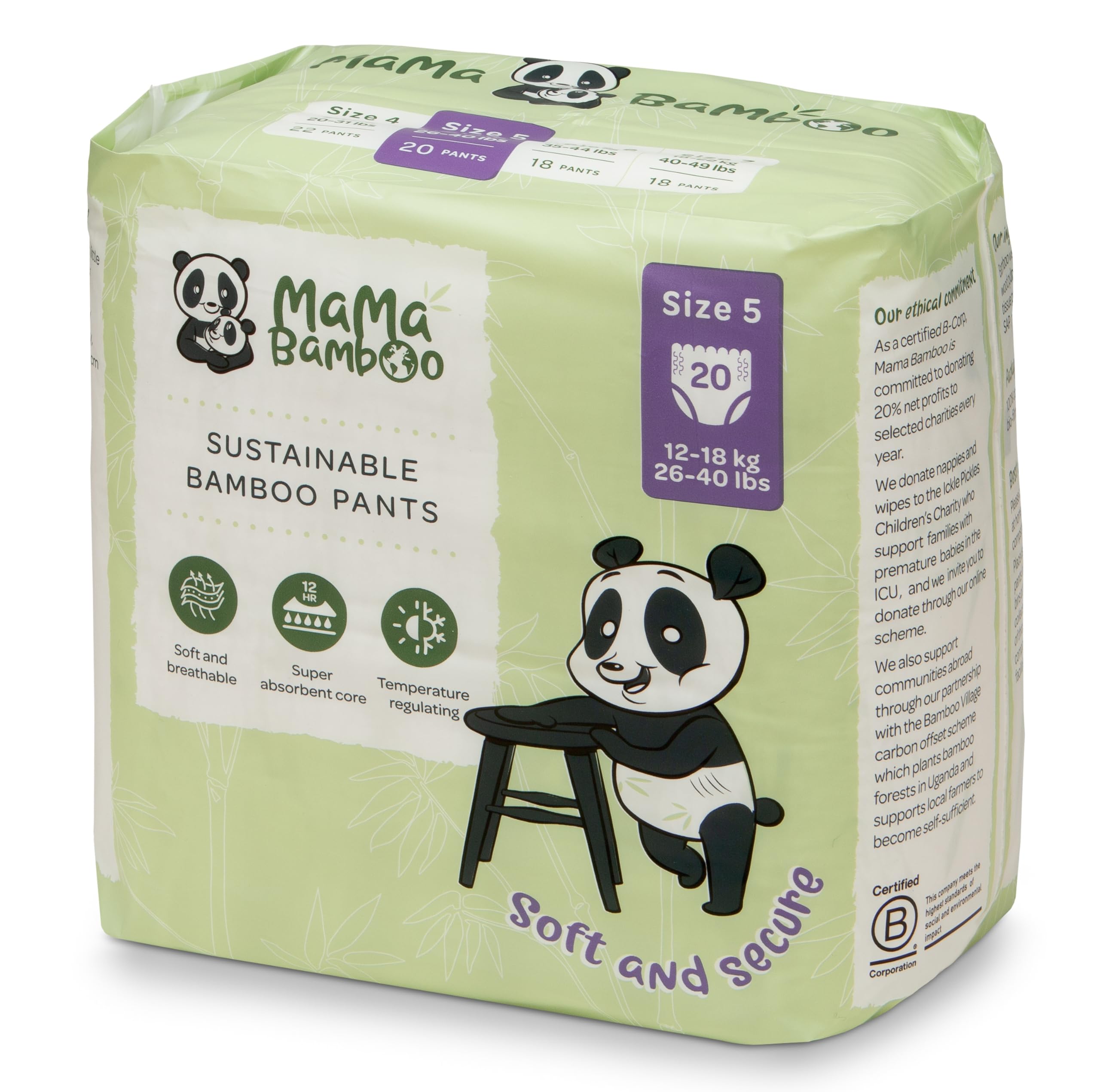 Mama Bamboo Zrównoważone bambusowe spodnie na pieluchy - miękka, oddychająca wiskoza bambusowa - super chłonny rdzeń - z nieszczelnymi elastycznymi panelami - rozmiar 5 (12-18 kg) - 20 spodni
