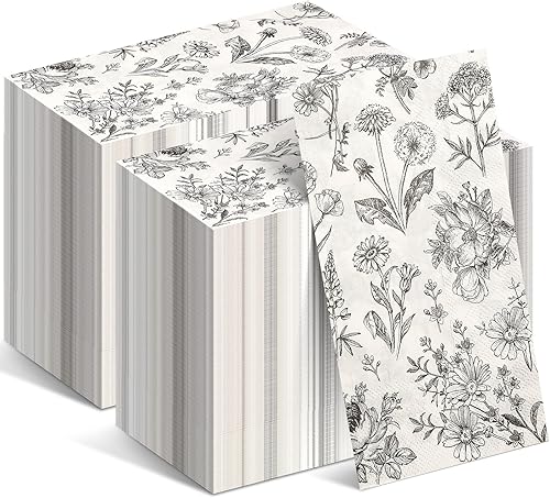 Tatuo Servilletas de papel florales de baño, servilletas desechables decorativas de flores blancas y negras para primavera, cumpleaños, boda,