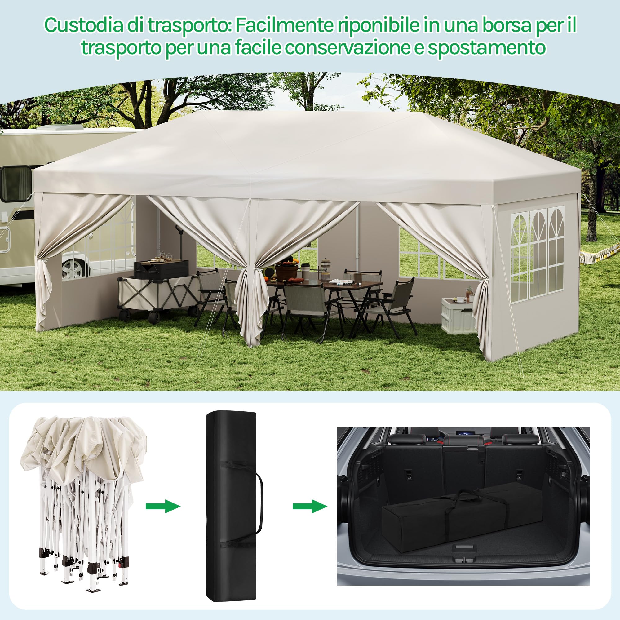 Laneetal Gazebo Pieghevole da Giardino 3x6m, Tenda Pop-Up per il Campeggio e la Festa, Gazebo in Metallo, con 6 Pareti Laterali e 4 Finestre, Beige