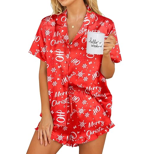 Ekouaer Womens Satin Pajamas Set Button Down 2 Piece Silk Pjs Shorts Set Ruffle Lingerie Notch Collar Sleepwear S-XXL