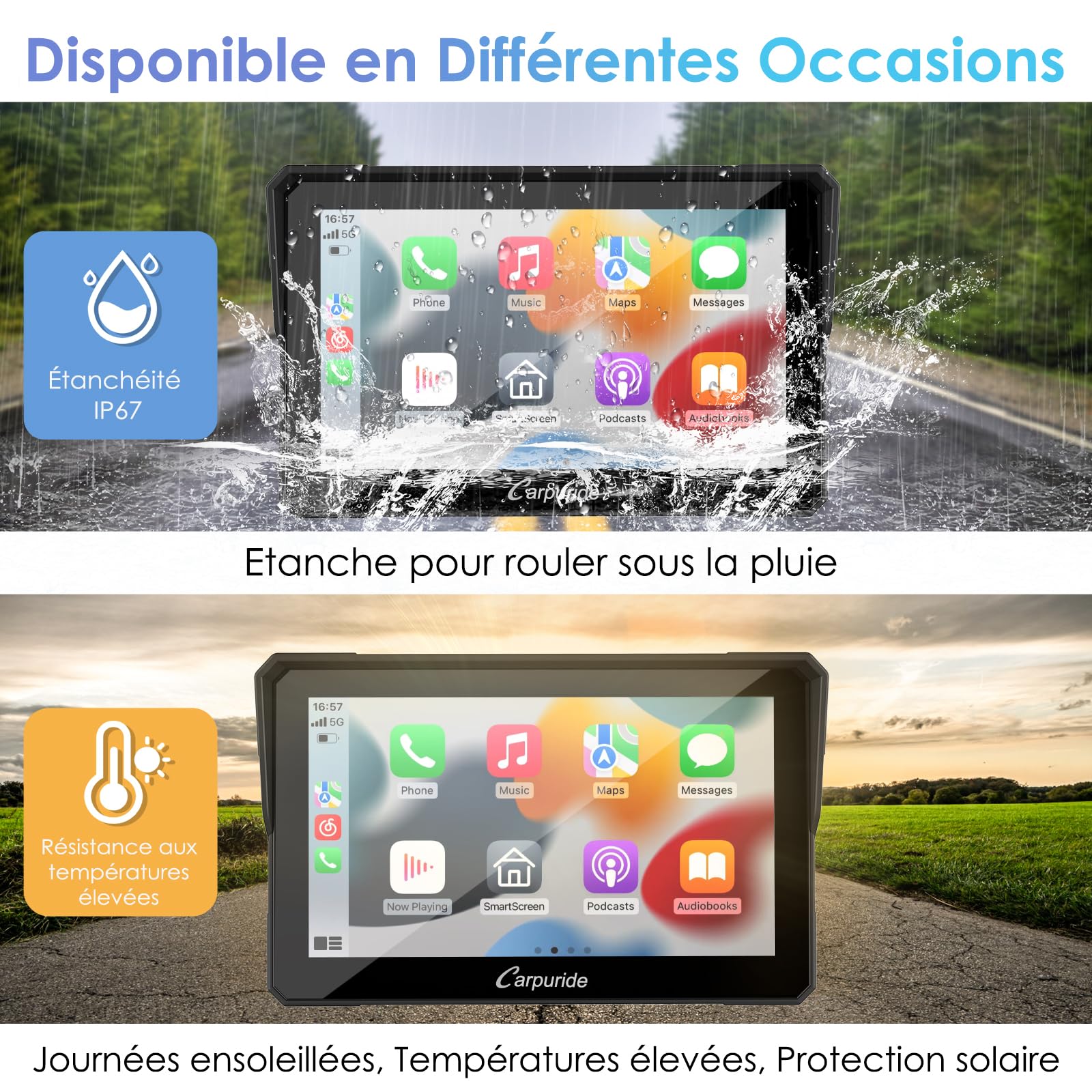 Carpuride W702 Écran GPS Carplay pour Moto, CarPlay sans Fil & Android Auto, Écran Tactile Étanche 7", Double Bluetooth, Navigation, Siri, Béquille Moto réglable en Forme de U