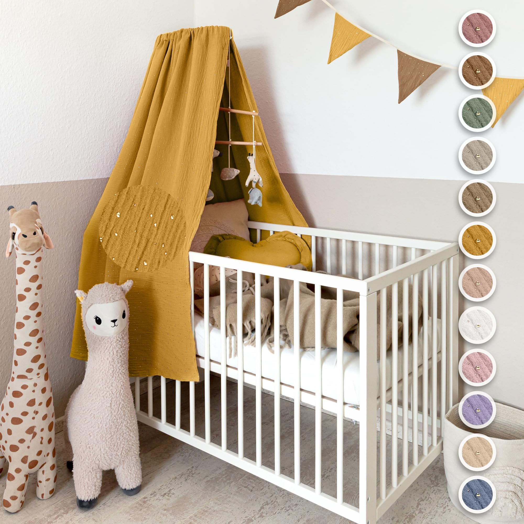 lilimaus Betthimmel Babybett mit Gold Applikation in 12 Farben [inkl. Himmelstange] - Himmel Babybett aus 100% Baumwolle Musselin für Mädchen & Jungen - Himmelbett mit Stange - Kinder Babyzimmer Deko
