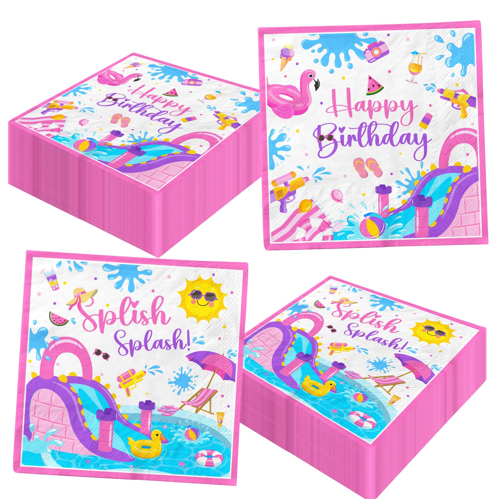 Splish Splash Birthday Decorations Napkins,Pink Summer Birthday Party Decorations Waterslide Napkins Disposable Water Slide Party Decorations Napkins for Splish Splash Waterslide Party Decorations