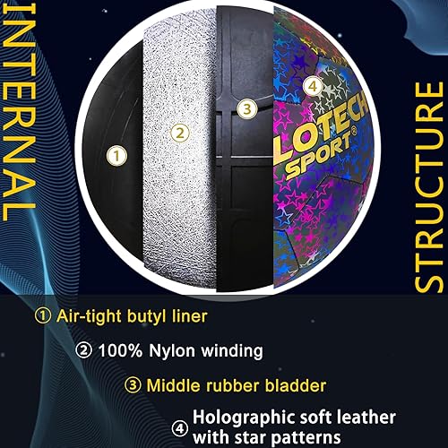 Miniatura 7 de Balón de fútbol holográfico reflectante, pelota de fútbol de piel sintética brillante, se ilumina en el flash de la cámara para juegos nocturnos,