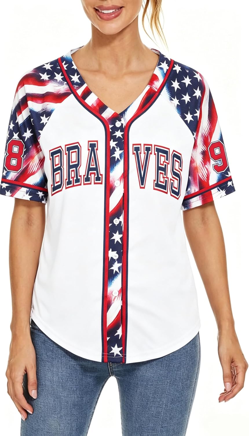 98 Baseball Shirt Women Cow Skull Graphic Fan Tshirt V Neck Country Vintage Jersey Button Down Short Sleeve Tops