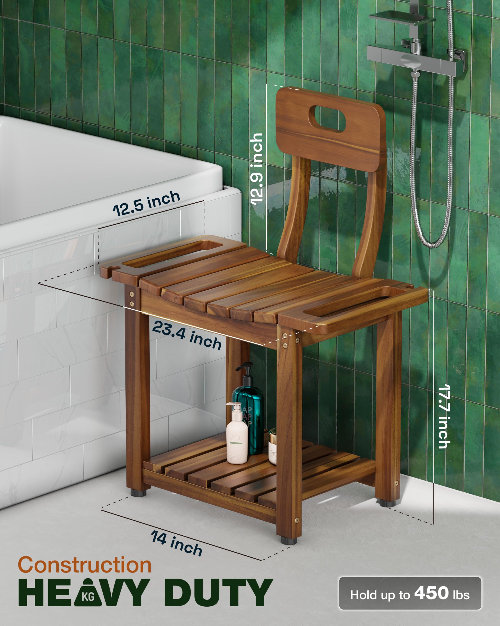 BLUEWEST Silla de ducha de 23.4 pulgadas con respaldo para ducha o bañera interior, soporta hasta 450 libras, diseño resistente con asas integradas, pies antideslizantes, estante inferior de