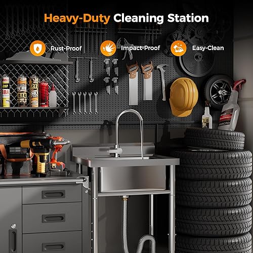 Miniatura 8 de Fregadero utilitario compacto de 23 pulgadas de ancho de acero inoxidable 188 con 4 alturas ajustables y giratorio de 360 sin plomo, grifo sin