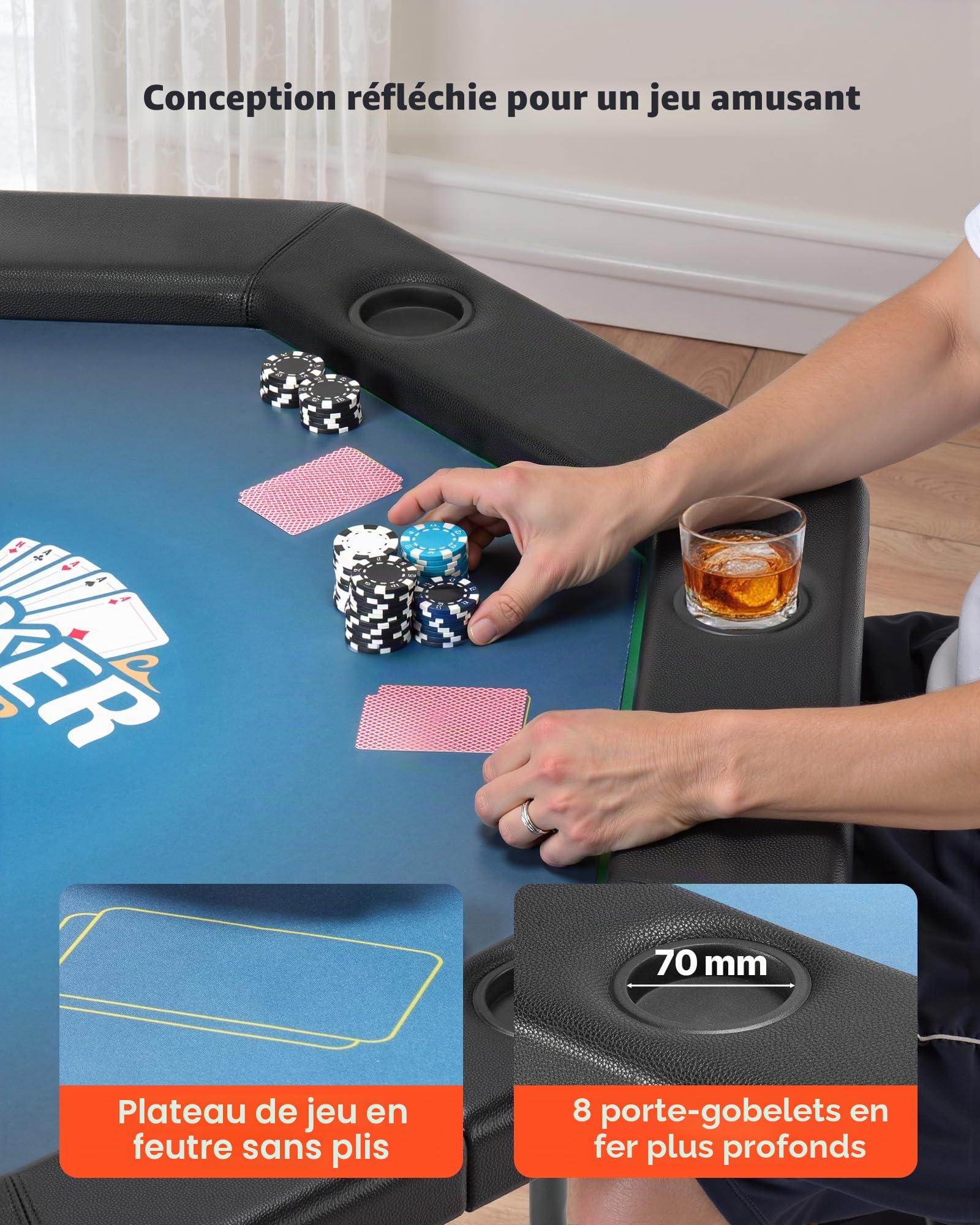 VEVOR Table de Poker Pliable 132,5 cm pour 8 Joueurs, Table de Casino Octogonale pour Blackjack et Texas Holdem, avec Rails Rembourrés et Porte-Gobelets, pour Jeu de Cartes Jeu de Société, Maison