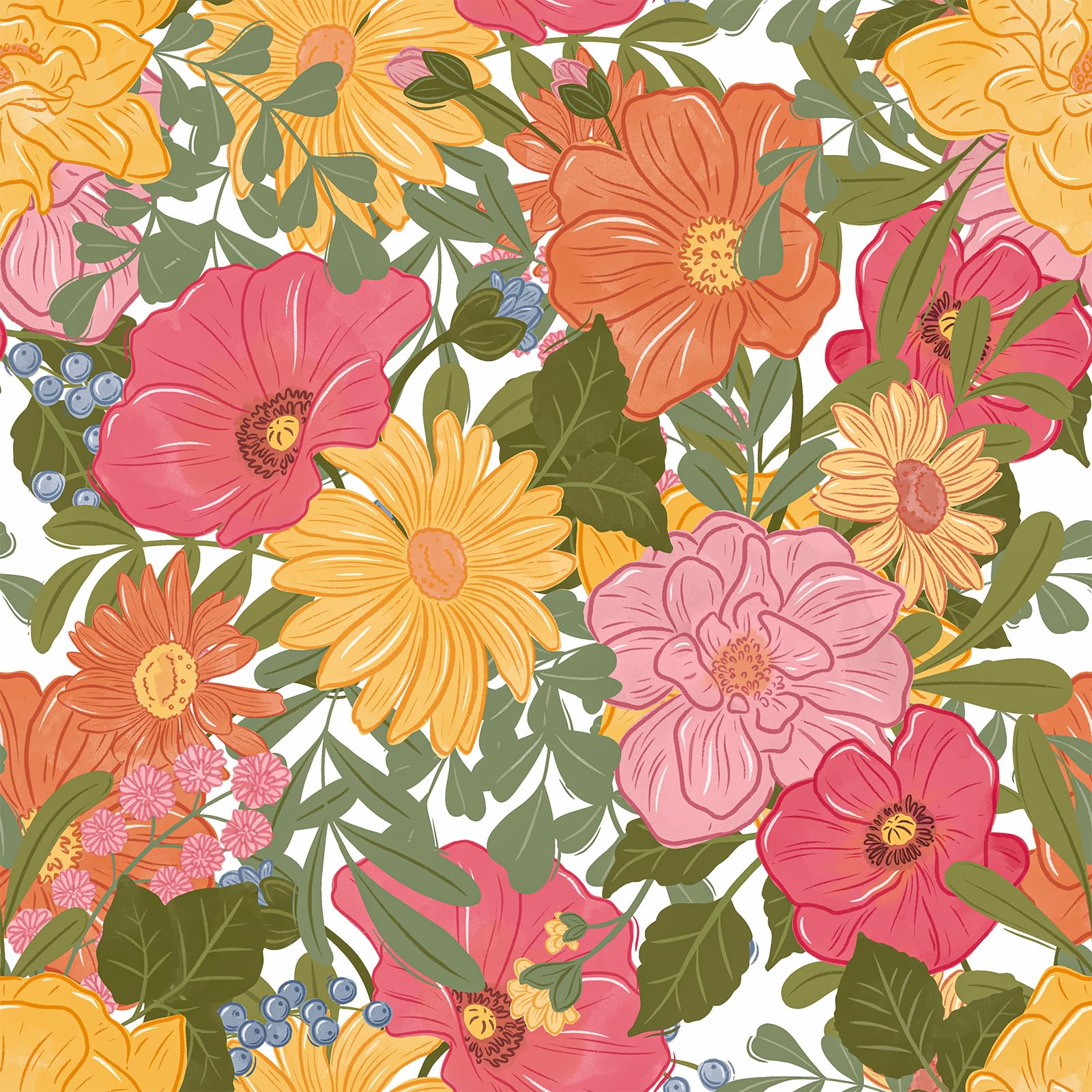 VaryPaper Blumentapete Rosa Gelb Fototapete Blumen Bunt 44.5cmx200cm Klebefolie Muster Dekofolie Möbelfolie Selbstklebend Kinderzimmer Tapete Mädchen Badezimmer Klebefolie Schrank Regal Kommode